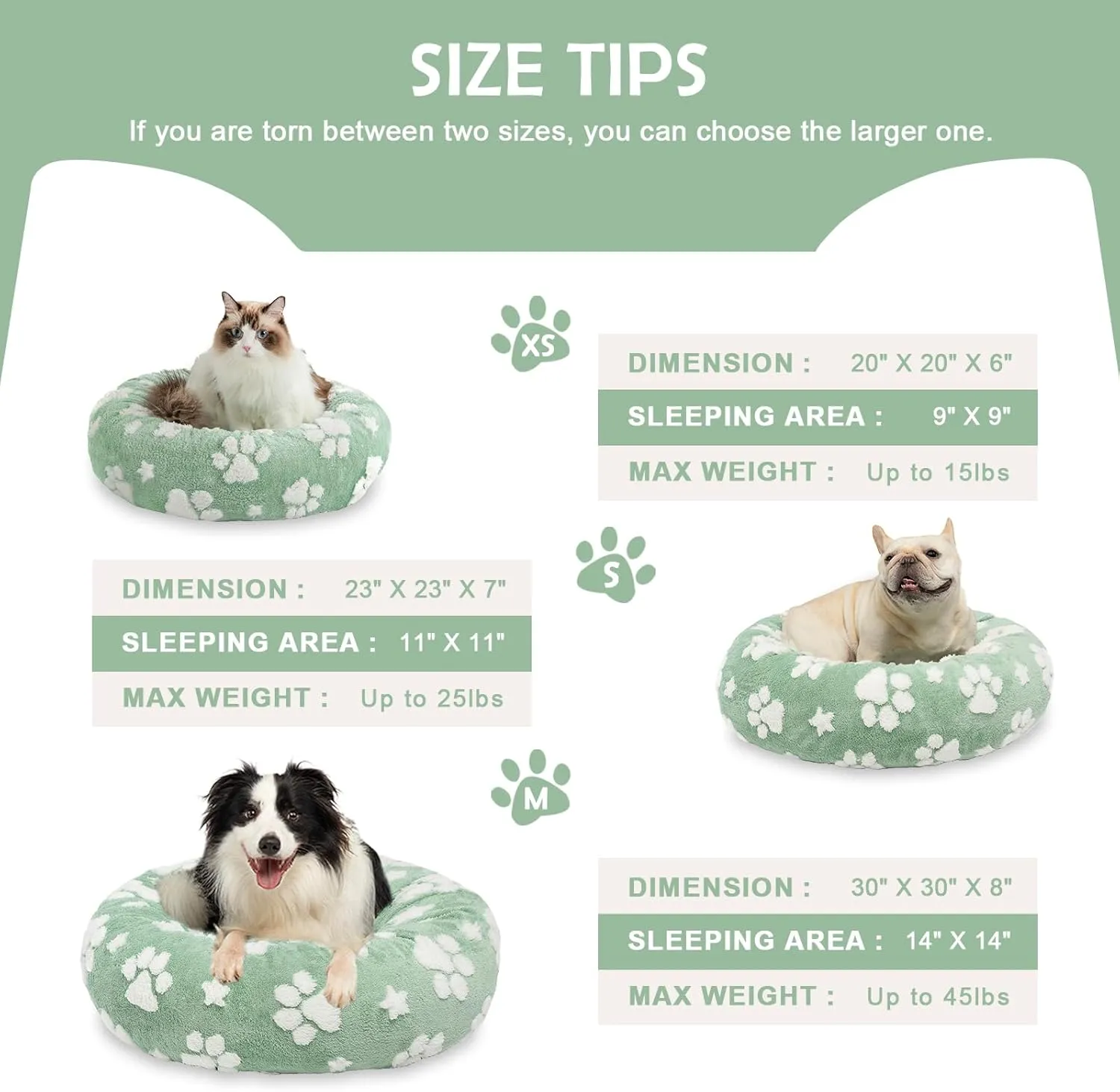 Donut Dog Beds for Small Dogs, Calming Round Cat Beds for Indoor Cats, Cute 3D Textured Paw Pet Bed with Removable Washable Cover and Anti-Slip BottomGreen23"