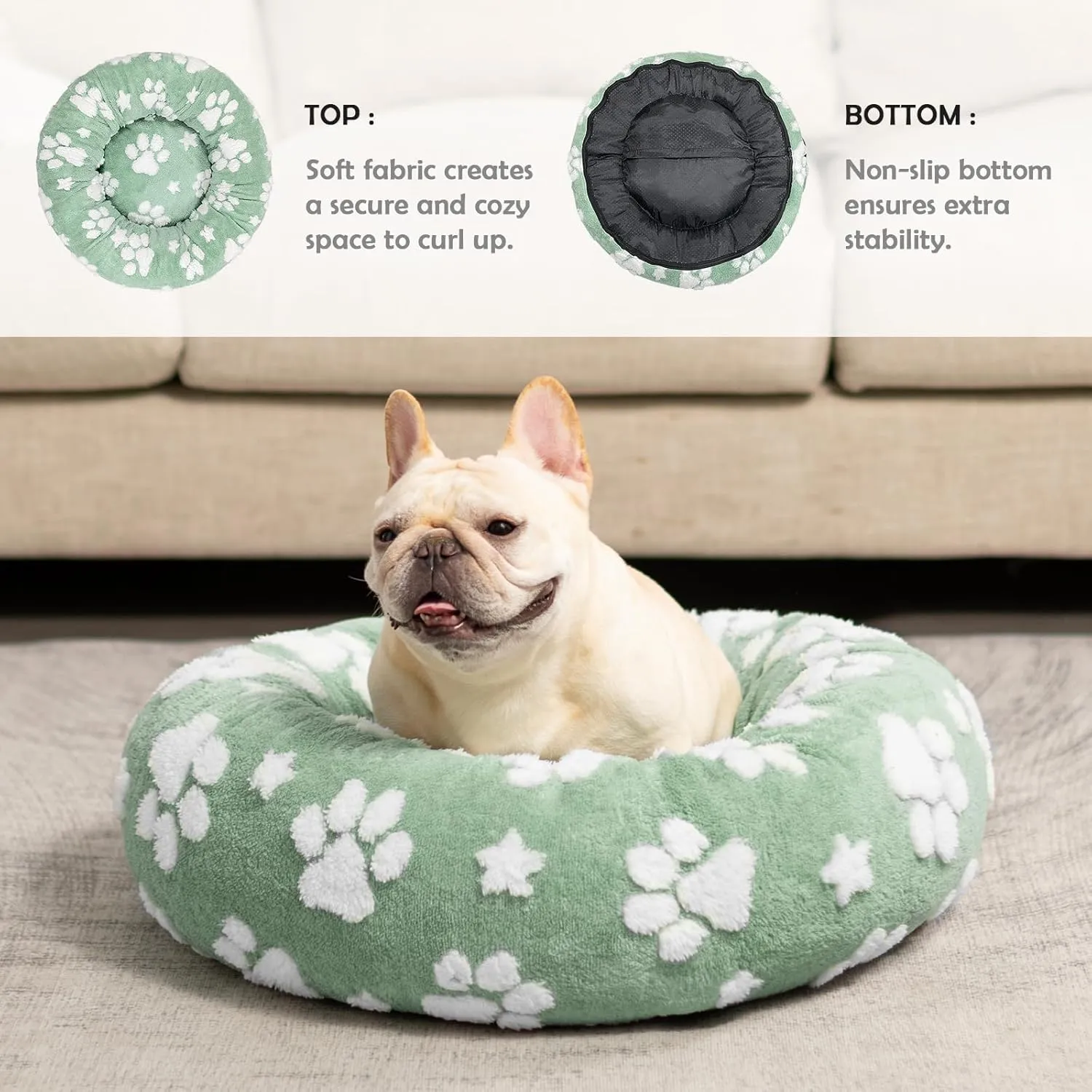 Donut Dog Beds for Small Dogs, Calming Round Cat Beds for Indoor Cats, Cute 3D Textured Paw Pet Bed with Removable Washable Cover and Anti-Slip BottomGreen23"