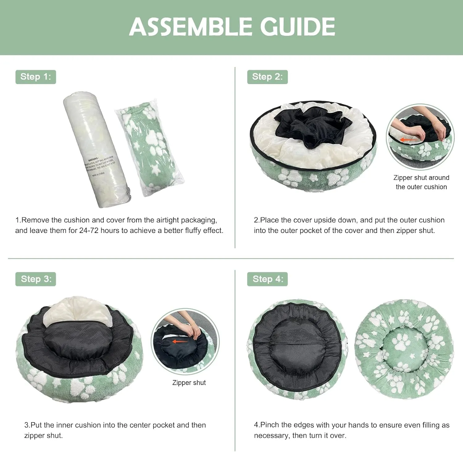 Donut Dog Beds for Small Dogs, Calming Round Cat Beds for Indoor Cats, Cute 3D Textured Paw Pet Bed with Removable Washable Cover and Anti-Slip BottomGreen23"