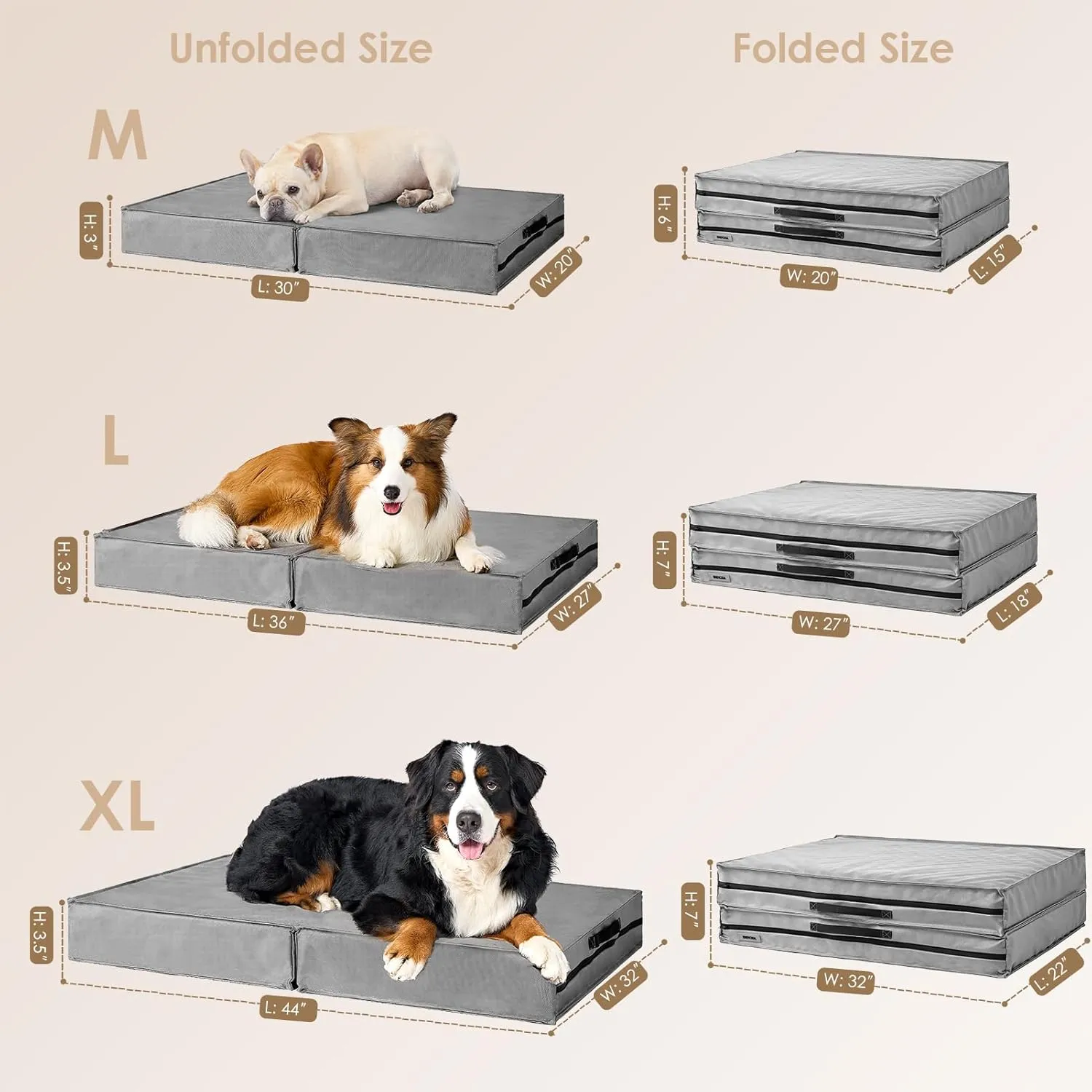EHEYCIGA Foldable Waterproof Dog Beds for Medium Dogs - Outdoor Orthopedic Dog Bed with Washable Removable Cover, Pet Bed Mattress with Handle, Grey, 30 x 20 x 3 inches