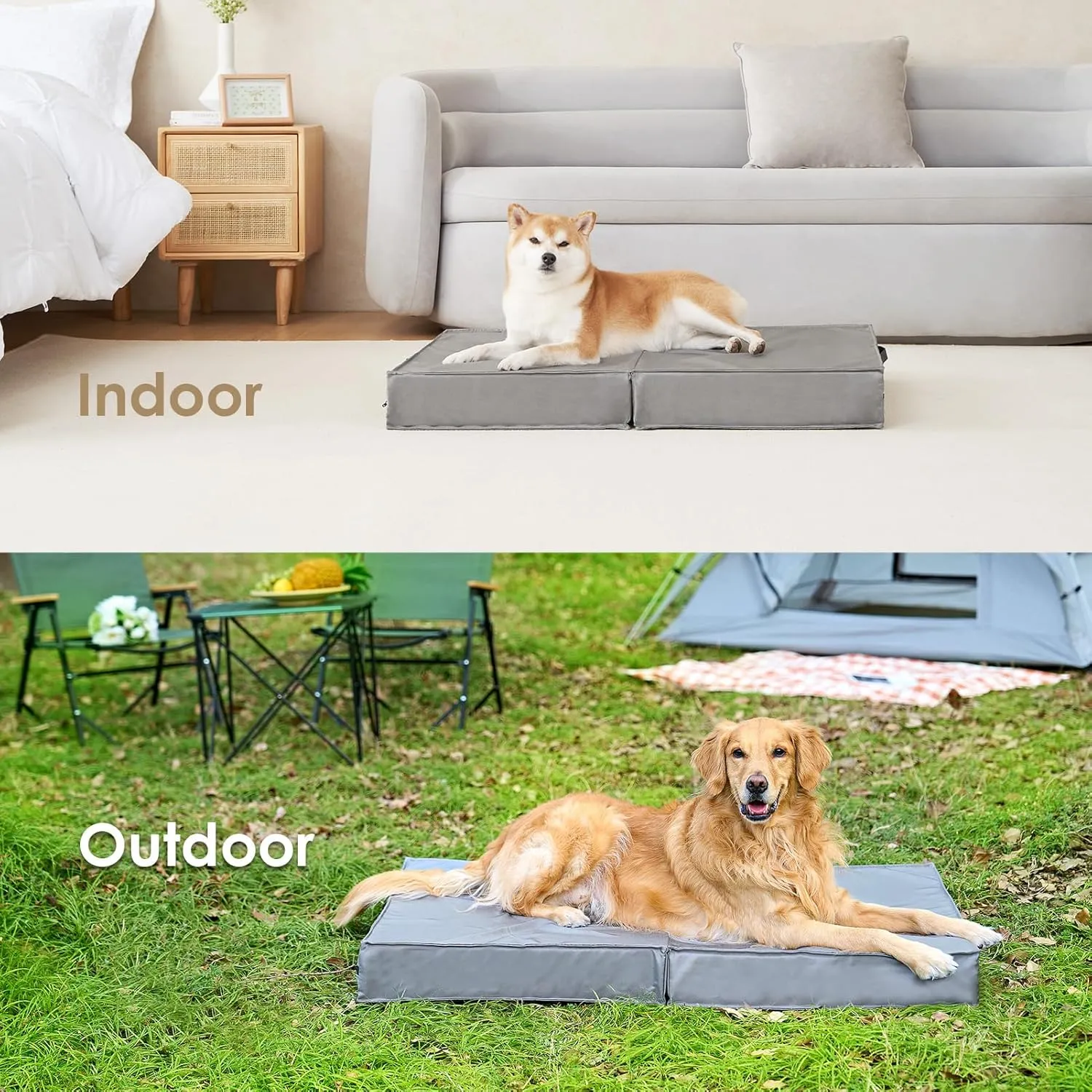 EHEYCIGA Foldable Waterproof Dog Beds for Medium Dogs - Outdoor Orthopedic Dog Bed with Washable Removable Cover, Pet Bed Mattress with Handle, Grey, 30 x 20 x 3 inches
