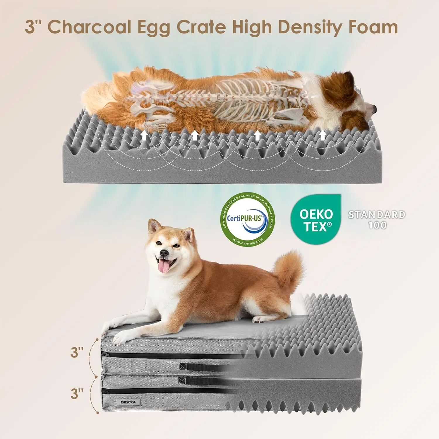 EHEYCIGA Foldable Waterproof Dog Beds for Medium Dogs - Outdoor Orthopedic Dog Bed with Washable Removable Cover, Pet Bed Mattress with Handle, Grey, 30 x 20 x 3 inches