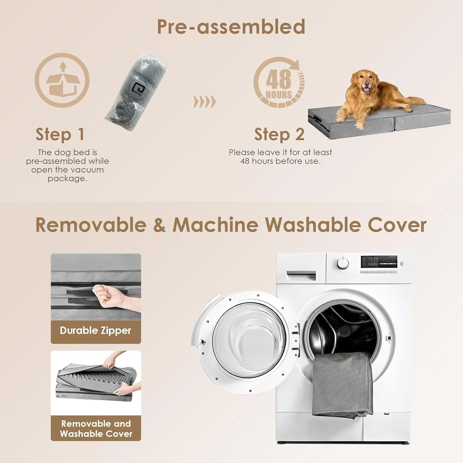 EHEYCIGA Foldable Waterproof Dog Beds for Medium Dogs - Outdoor Orthopedic Dog Bed with Washable Removable Cover, Pet Bed Mattress with Handle, Grey, 30 x 20 x 3 inches