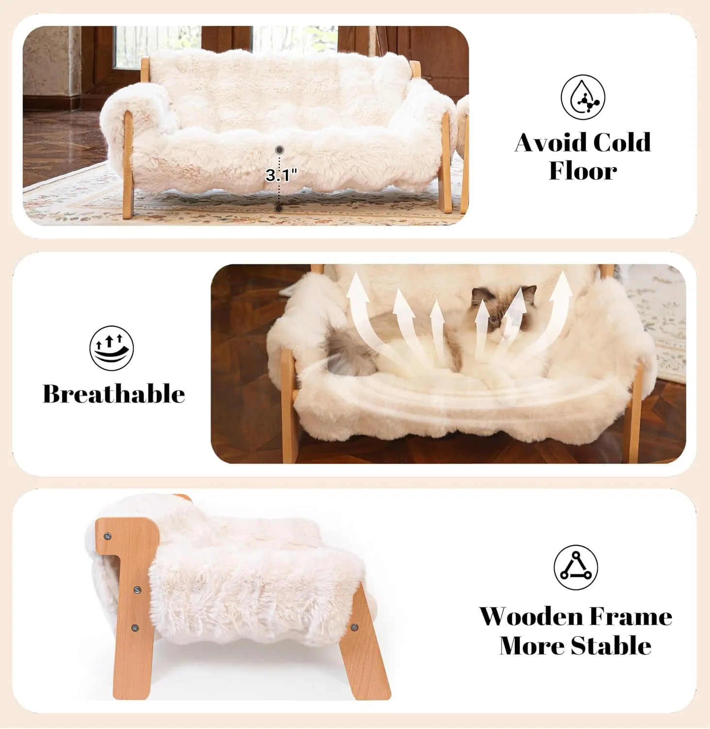 Elevated Cat Couch Bed for Indoor Cats, Wooden Cat Sofa with Removable Washable Fluffy Cover Raised Kitty Lounge Chair Suitable for Puppy(Cat Sofa Off-White)
