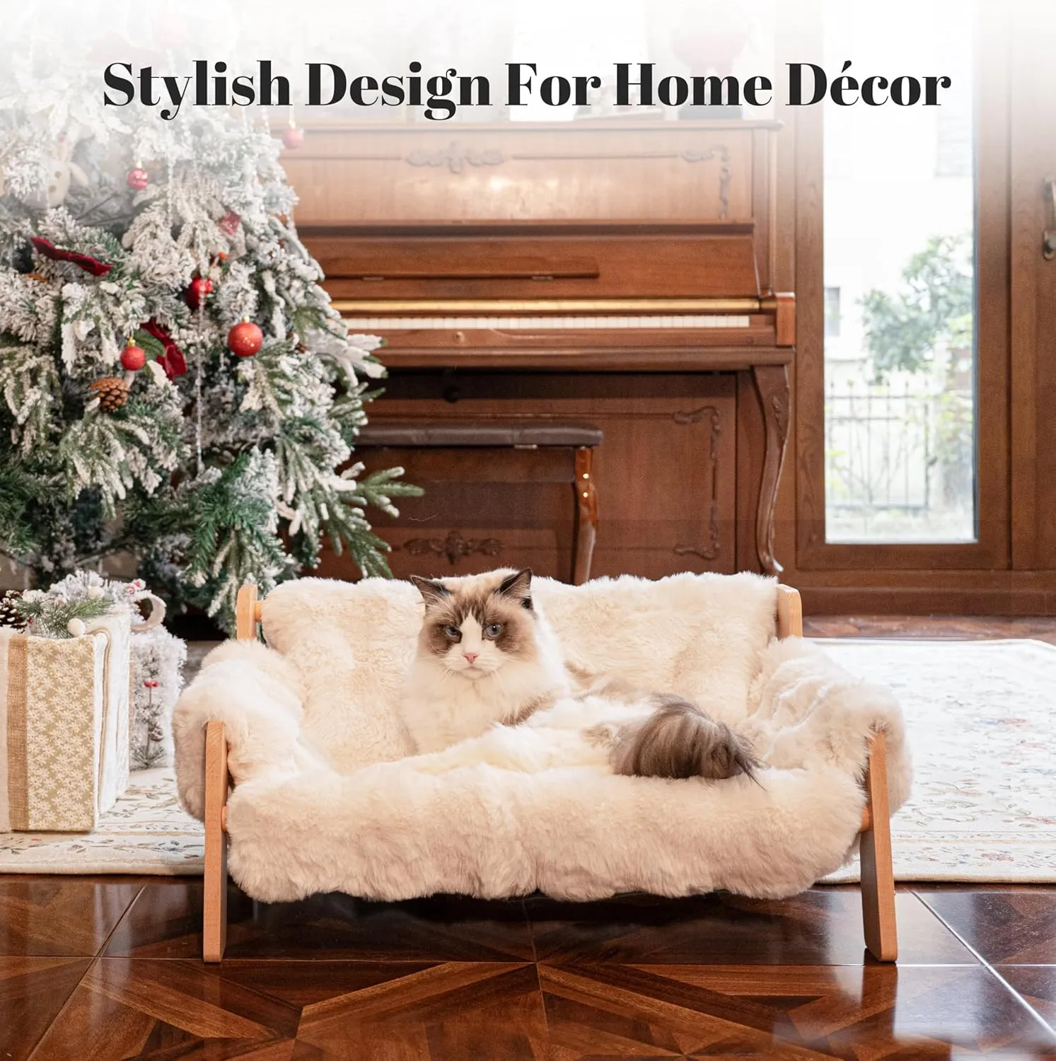 Elevated Cat Couch Bed for Indoor Cats, Wooden Cat Sofa with Removable Washable Fluffy Cover Raised Kitty Lounge Chair Suitable for Puppy(Cat Sofa Off-White)
