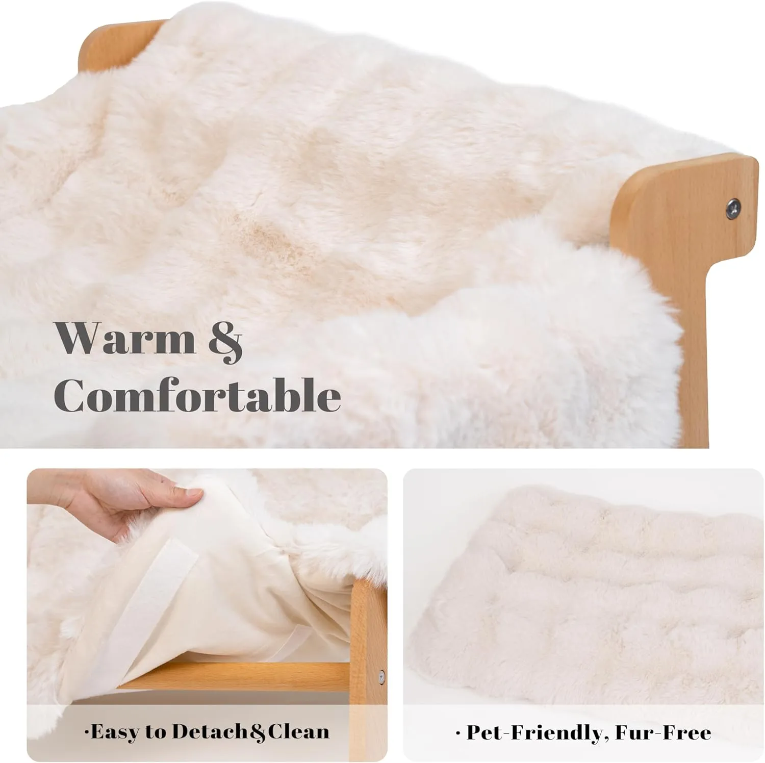Elevated Cat Couch Bed for Indoor Cats, Wooden Cat Sofa with Removable Washable Fluffy Cover Raised Kitty Lounge Chair Suitable for Puppy(Cat Sofa Off-White)