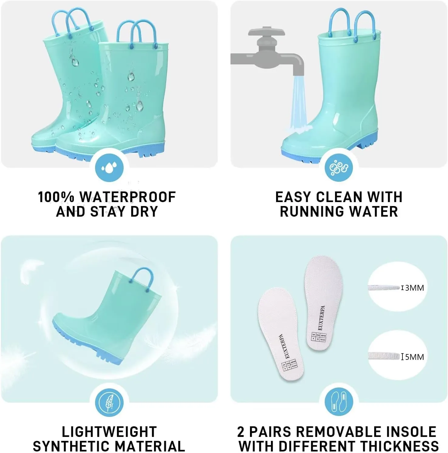 EUXTERPA Boys Girls Waterproof Rain Boots Kids Toddler Solid Color Boots with Easy On Handles
