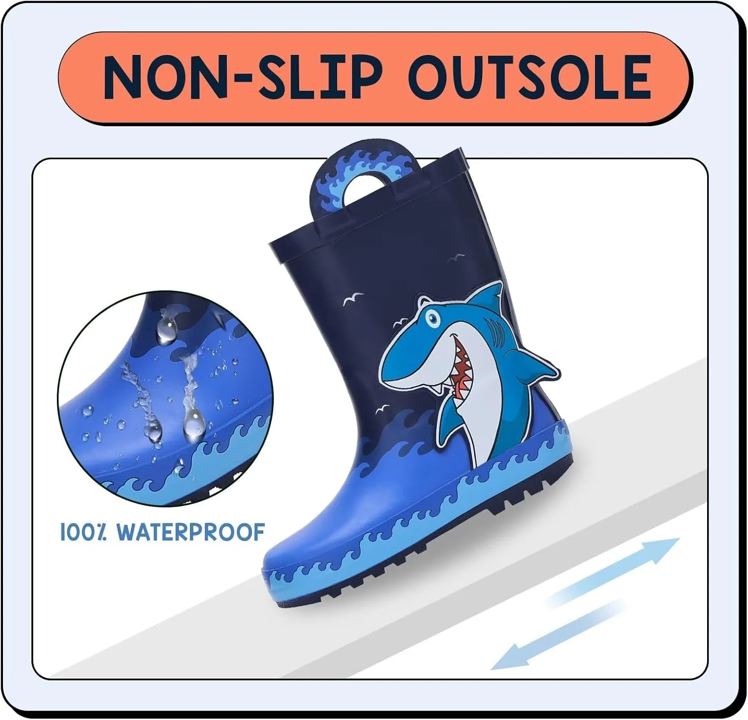 EUXTERPA Toddler Rain Boots for Boys Girls Waterproof Kids Printed Rubber Boots with Easy On Handles