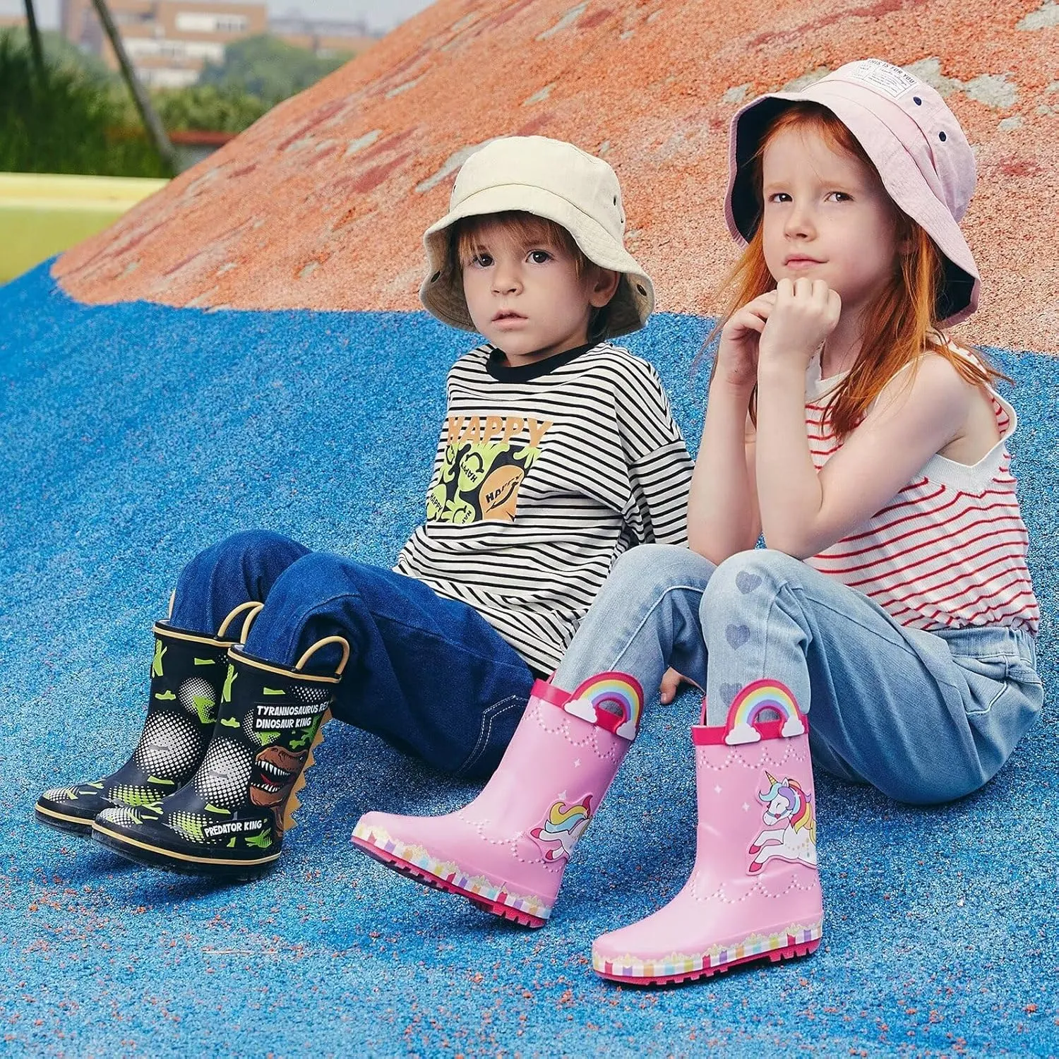 EUXTERPA Toddler Rain Boots for Boys Girls Waterproof Kids Printed Rubber Boots with Easy On Handles