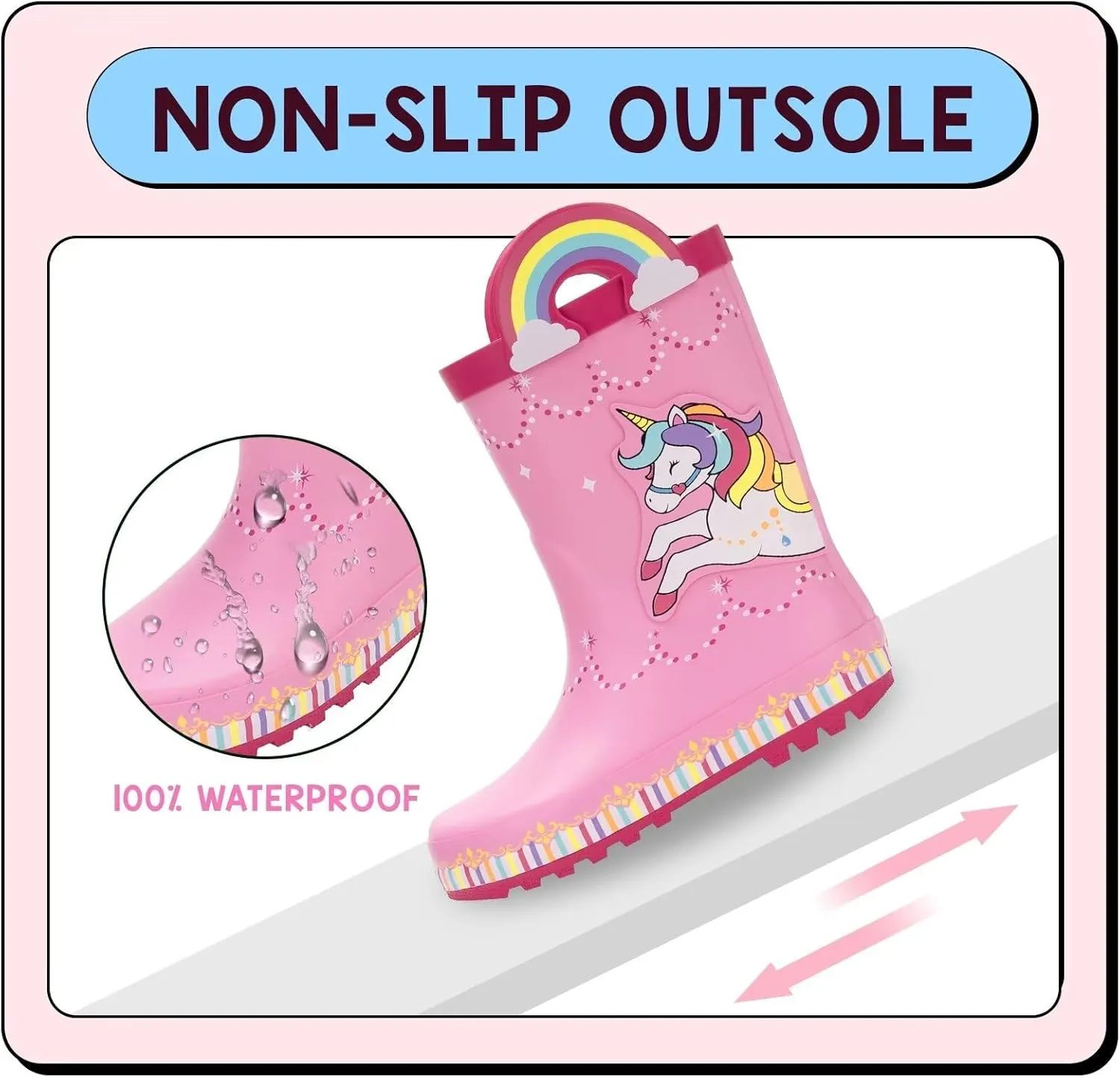 EUXTERPA Toddler Rain Boots for Boys Girls Waterproof Kids Printed Rubber Boots with Easy On Handles