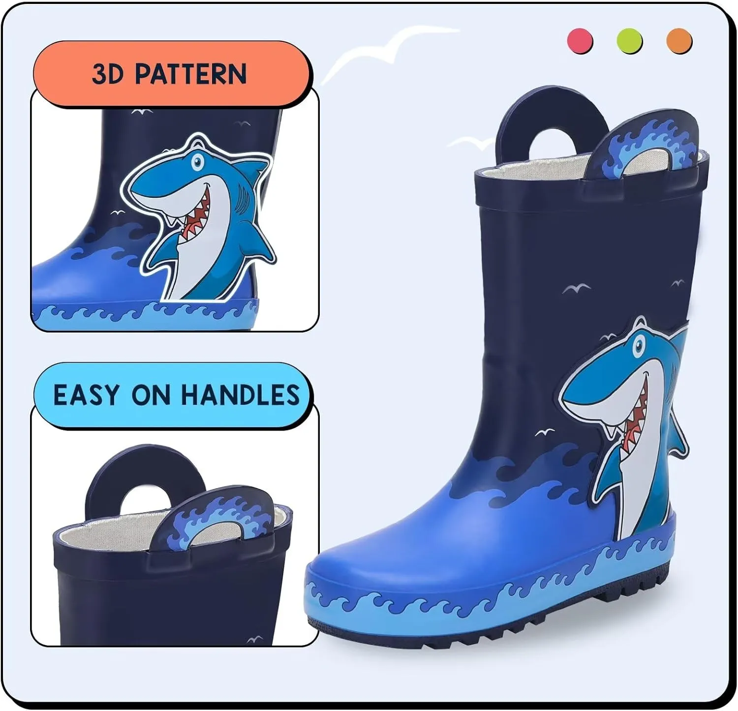 EUXTERPA Toddler Rain Boots for Boys Girls Waterproof Kids Printed Rubber Boots with Easy On Handles