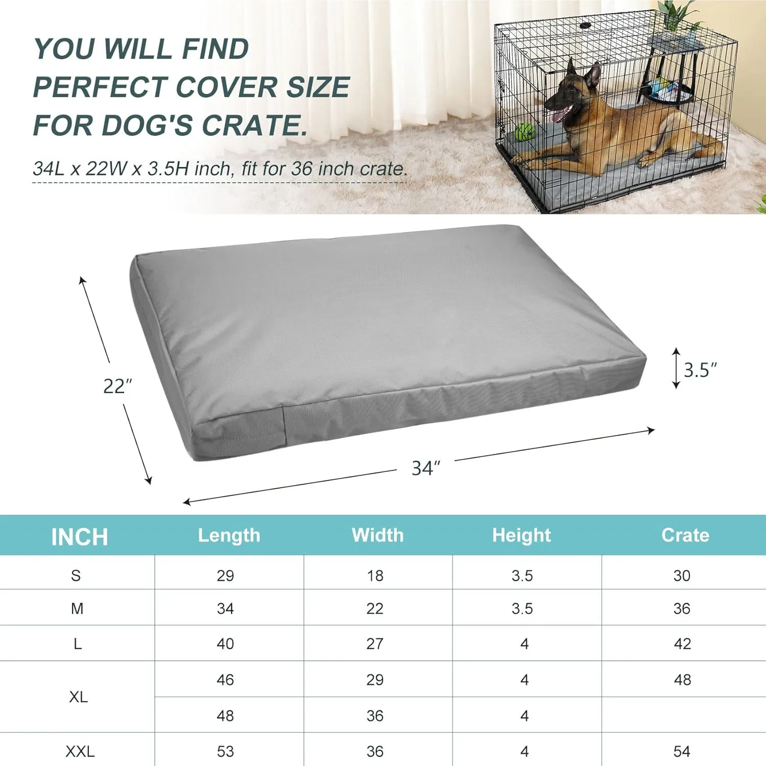 Explore Land Waterproof Dog Bed Cover Canvas Washable Dog Crate Pad Replacement Cover for 36 Inch Crate, 34Lx22Wx3.5H inch, Gray
