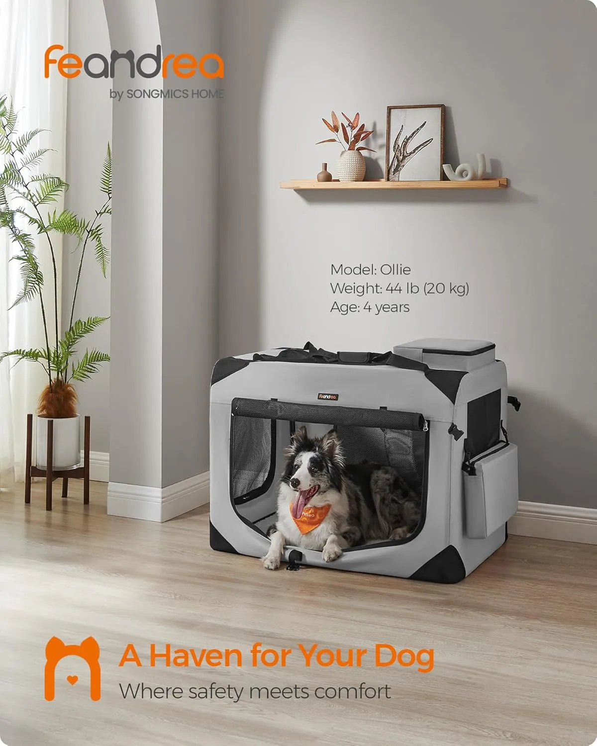 Feandrea 36 Inches Collapsible Soft Dog Crate, Portable Travel Dog Crate for Indoor and Outdoor Use, Dog Carrier Kennel with Safety Zippers, for Living Room, Car, Travelling, Smoke Gray UPDC090G02