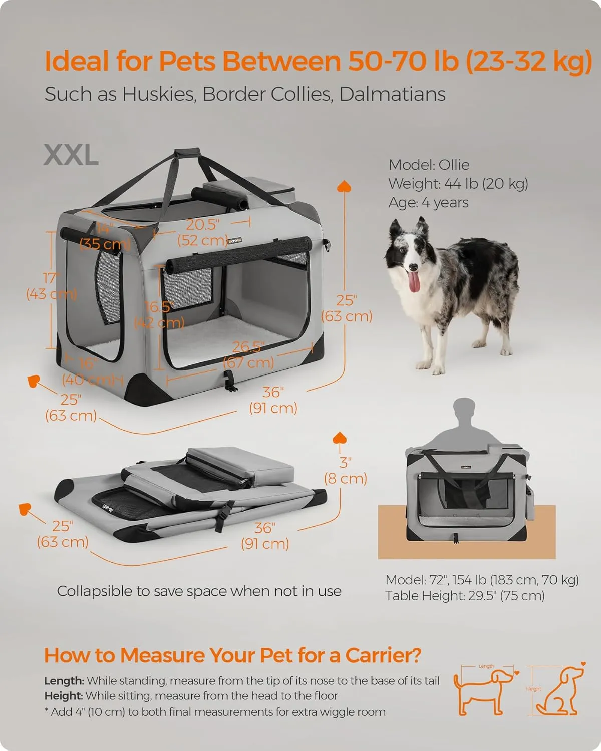 Feandrea 36 Inches Collapsible Soft Dog Crate, Portable Travel Dog Crate for Indoor and Outdoor Use, Dog Carrier Kennel with Safety Zippers, for Living Room, Car, Travelling, Smoke Gray UPDC090G02