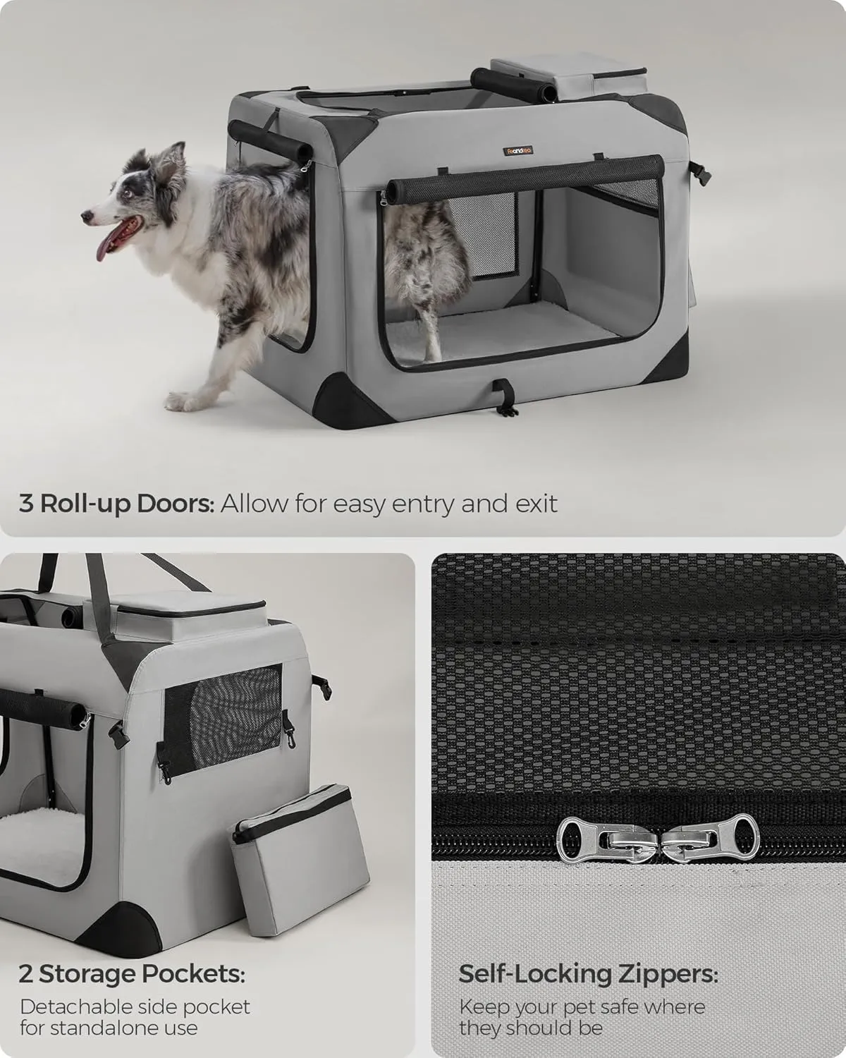 Feandrea 36 Inches Collapsible Soft Dog Crate, Portable Travel Dog Crate for Indoor and Outdoor Use, Dog Carrier Kennel with Safety Zippers, for Living Room, Car, Travelling, Smoke Gray UPDC090G02