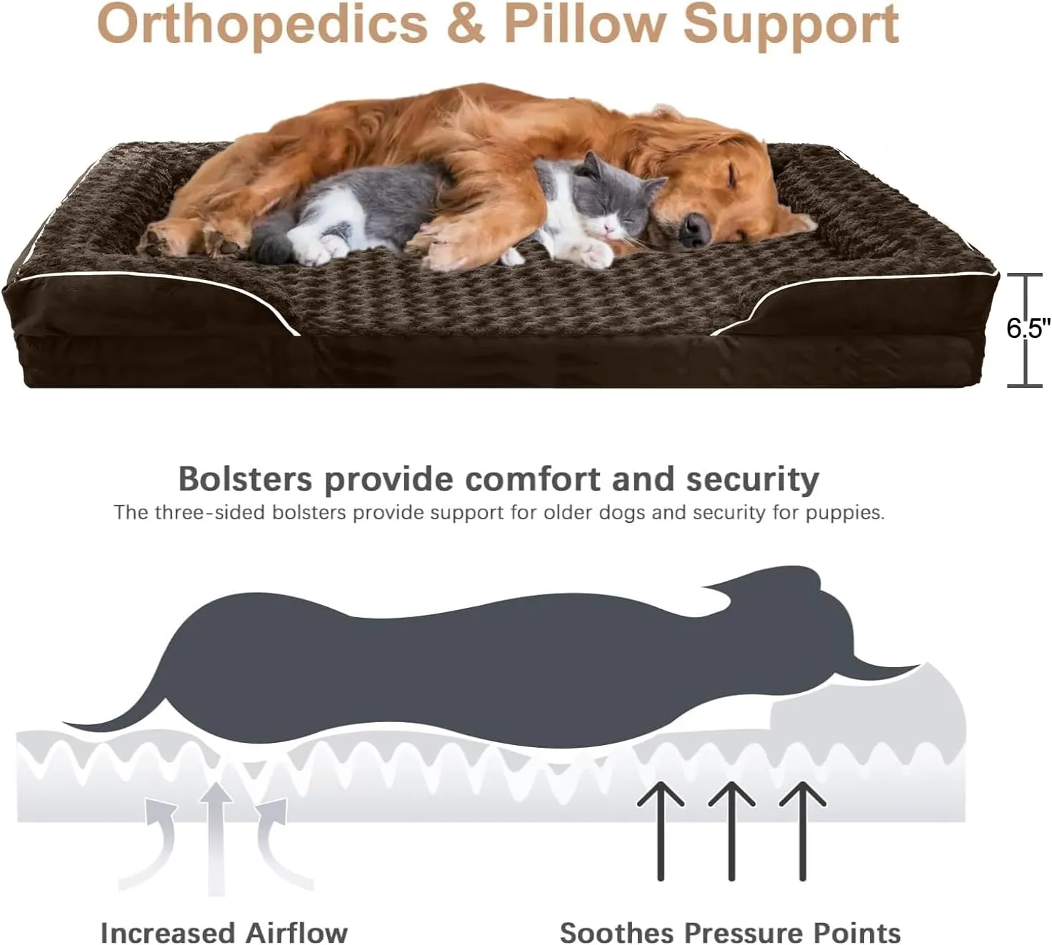 FERPOSH Orthopedic Dog Bed, Pet Sofa Bed with Removable Washable Cover, Waterproof Dog Bed, Anti Slip Bottom Dog Bed, Pet Sleeping Mat, 36" x 27", Brown