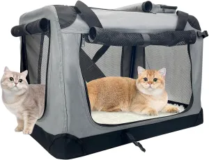 Fhiny Large Cat Carrier for 2 Cats, 24"x17"x17" Soft Dog Crate Collapsible Portable Travel Pet Carrier Bag Durable Breathable Foldable Kitten Carrier Bag for Puppy Cats Under 45 Lbs Grey