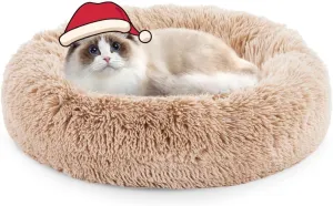FluffyDream 20 inch Donut Calming Cat Bed, Brown Dog Round Sofa Washable, Plush Fur Pet Chair, Brown
