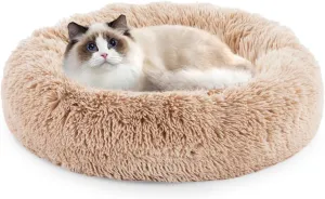 FluffyDream 20 inch Donut Dog Bed, Calming Bed for Dogs, Brown Cat Bed Washable, Round Dog Donut Bed Washable, Plush Fur Dog Bed, Dog Cuddle Bed