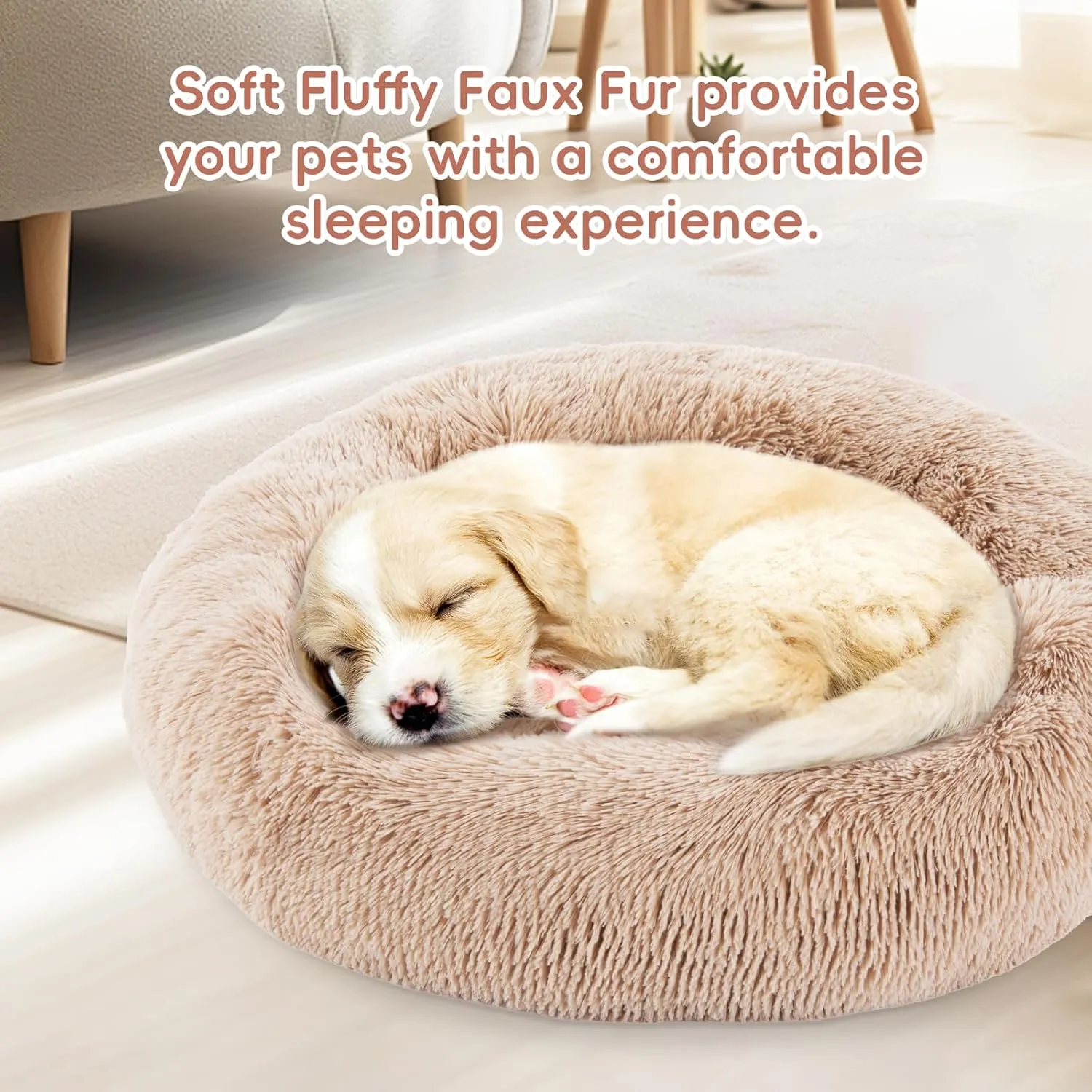 FluffyDream 20 inch Donut Dog Bed, Calming Bed for Dogs, Brown Cat Bed Washable, Round Dog Donut Bed Washable, Plush Fur Dog Bed, Dog Cuddle Bed