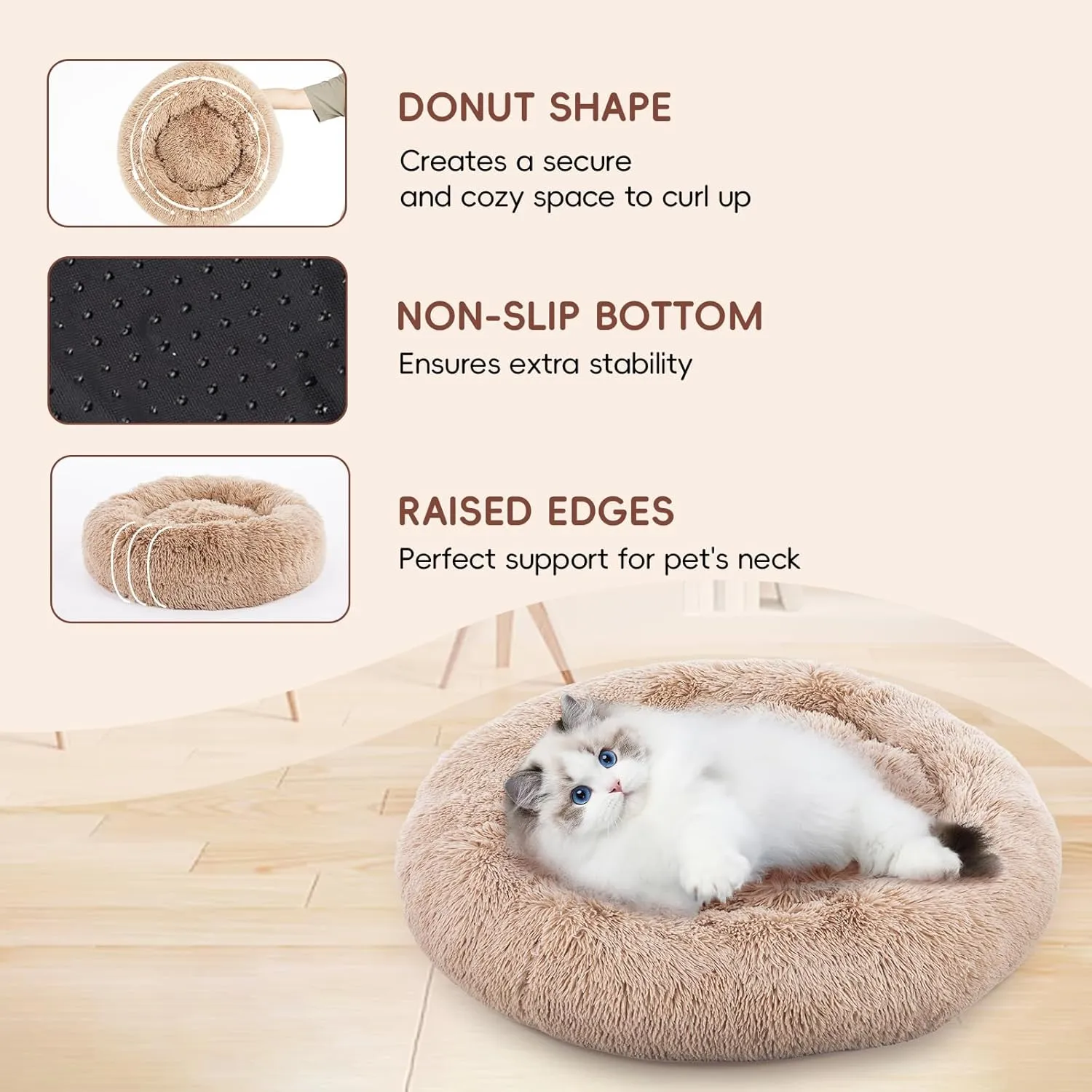 FluffyDream 24 Inch Donut Bed for Dogs, Calming, Brown, Washable, Plush Fur Dog Cuddle Bed