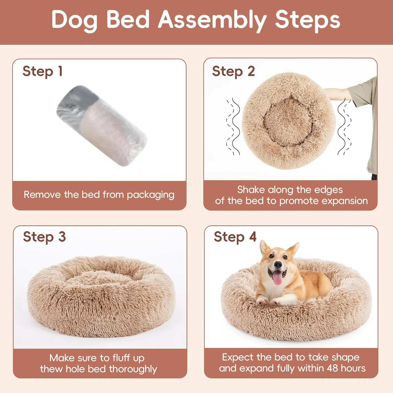 FluffyDream 24 Inch Donut Bed for Dogs, Calming, Brown, Washable, Plush Fur Dog Cuddle Bed
