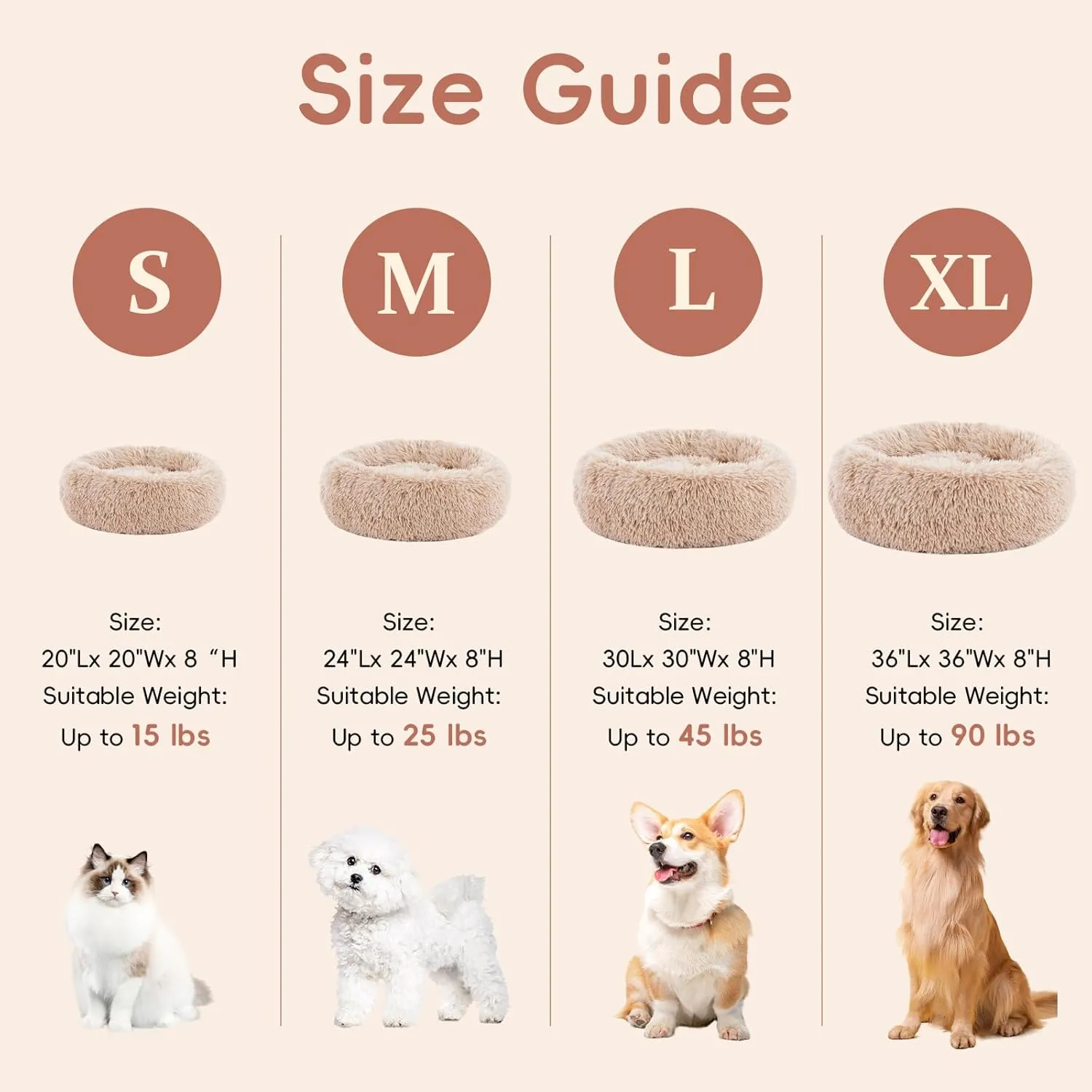 FluffyDream 24 Inch Donut Bed for Dogs, Calming, Brown, Washable, Plush Fur Dog Cuddle Bed