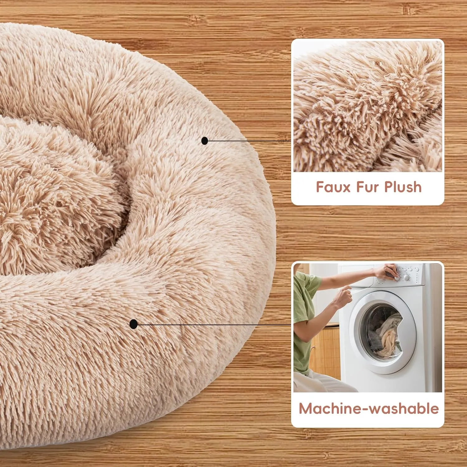 FluffyDream 24 Inch Donut Bed for Dogs, Calming, Brown, Washable, Plush Fur Dog Cuddle Bed
