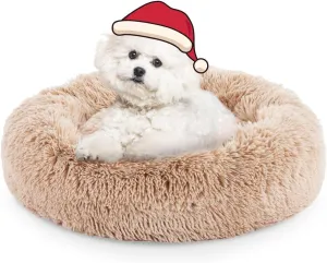 FluffyDream 24 Inch Donut Bed for Dogs, Calming, Brown, Washable, Plush Fur Dog Cuddle Bed