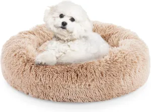 FluffyDream 24" Round Donut Washable Dog & Cat Bed in Shag Fur, Calming Dog Bed, Brown