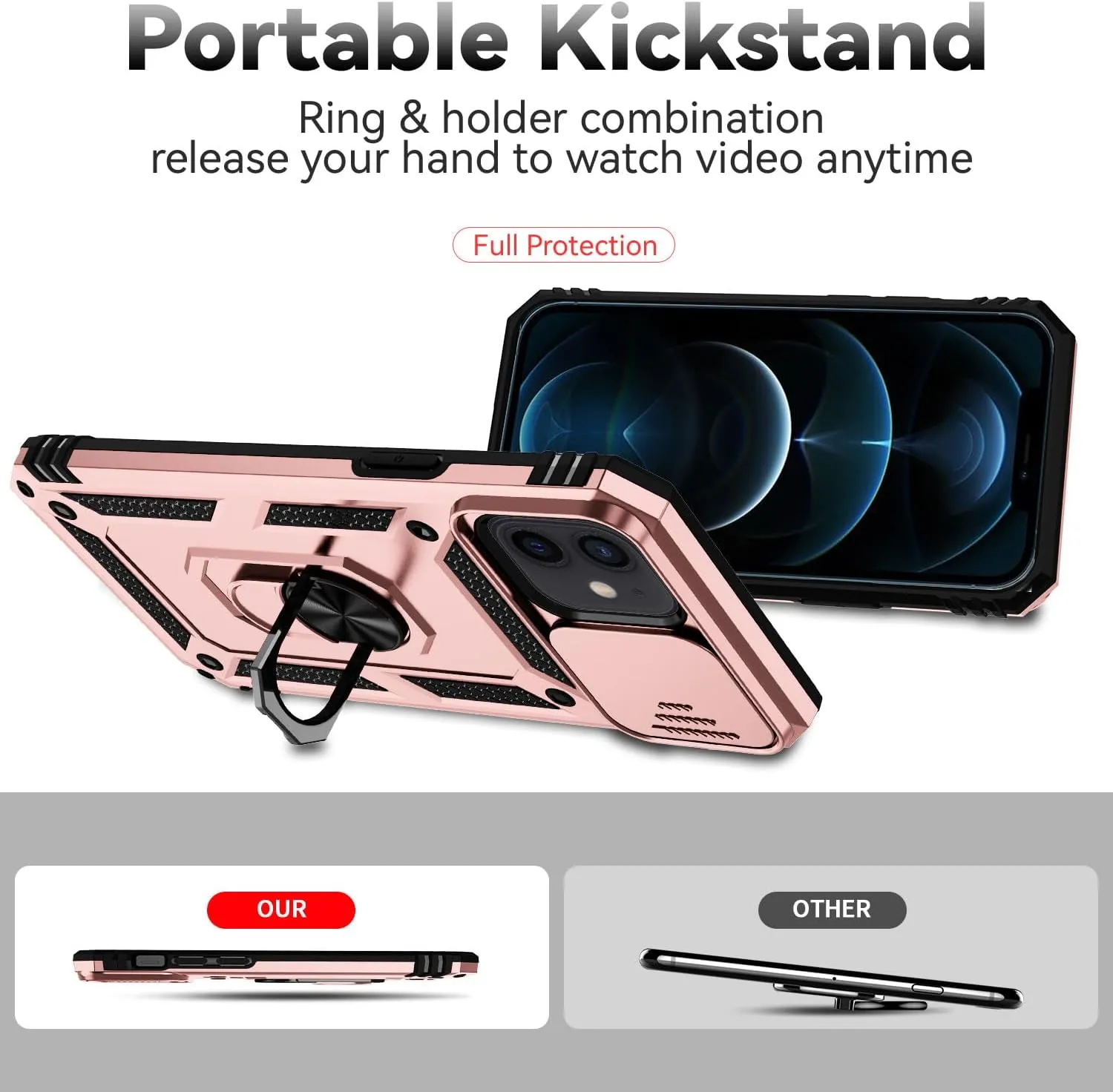 for iPhone 12 Mini Case with Camera Lens Cover Screen Protector, Dual Layer Military Grade Drop Protection Magnetic Ring Holder Kickstand Protective Phone Case for iPhone 12 Mini 5.4 inch (Rose Gold)
