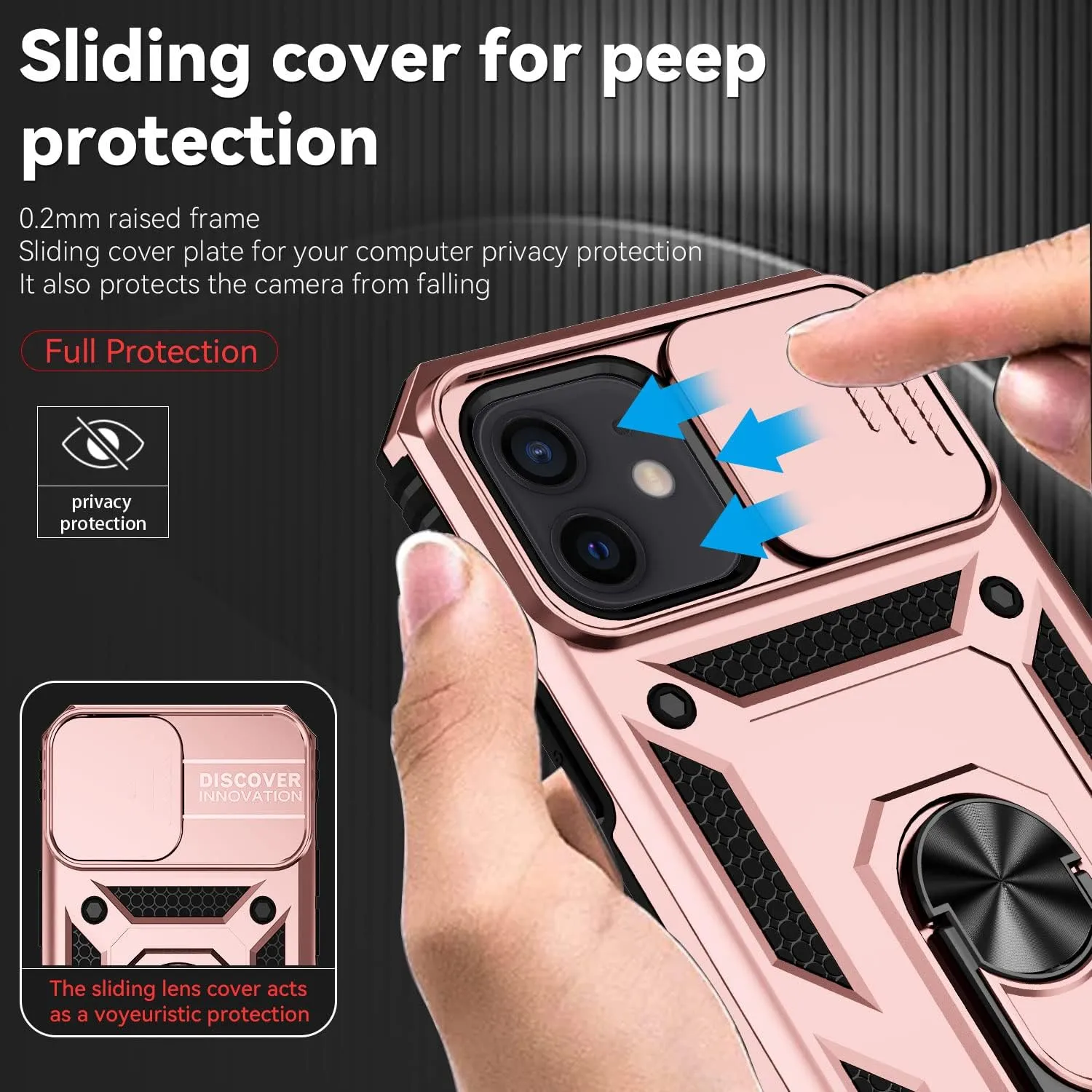 for iPhone 12 Mini Case with Camera Lens Cover Screen Protector, Dual Layer Military Grade Drop Protection Magnetic Ring Holder Kickstand Protective Phone Case for iPhone 12 Mini 5.4 inch (Rose Gold)