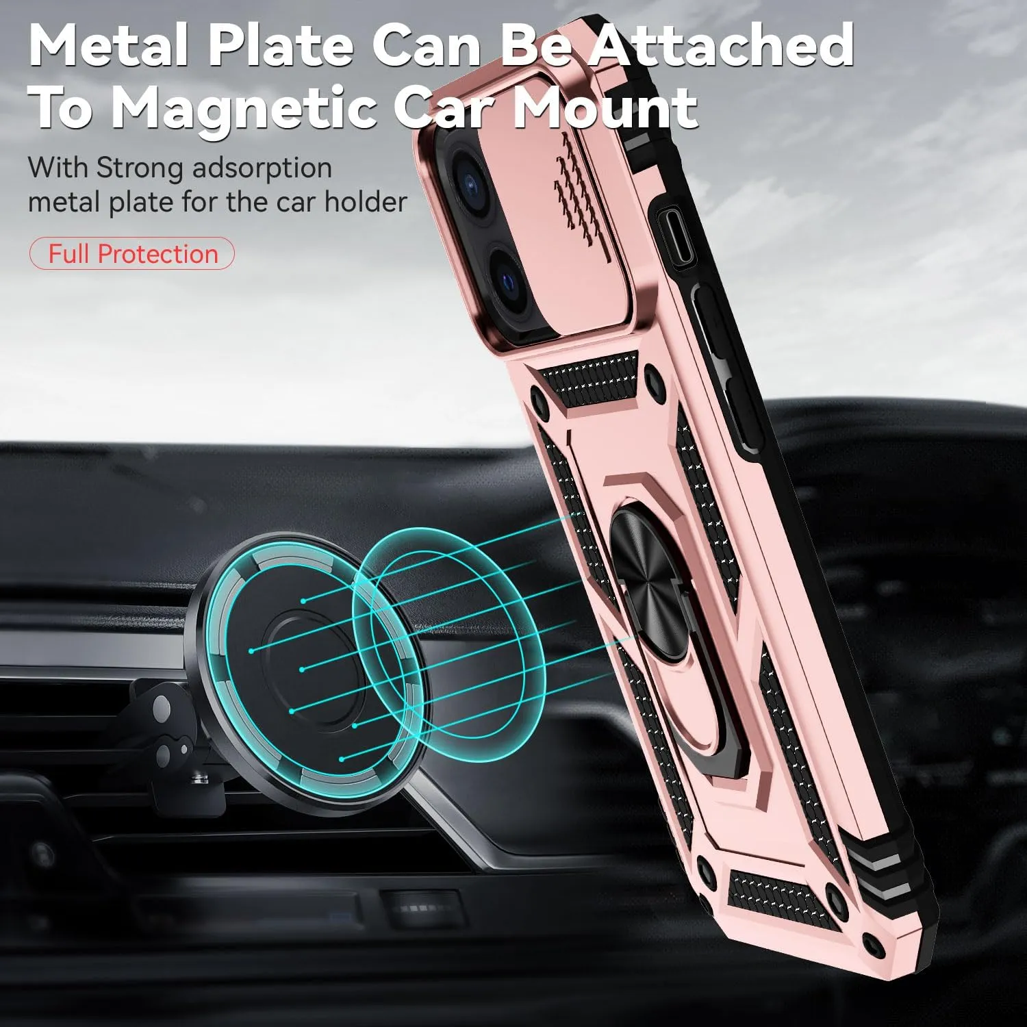 for iPhone 12 Mini Case with Camera Lens Cover Screen Protector, Dual Layer Military Grade Drop Protection Magnetic Ring Holder Kickstand Protective Phone Case for iPhone 12 Mini 5.4 inch (Rose Gold)