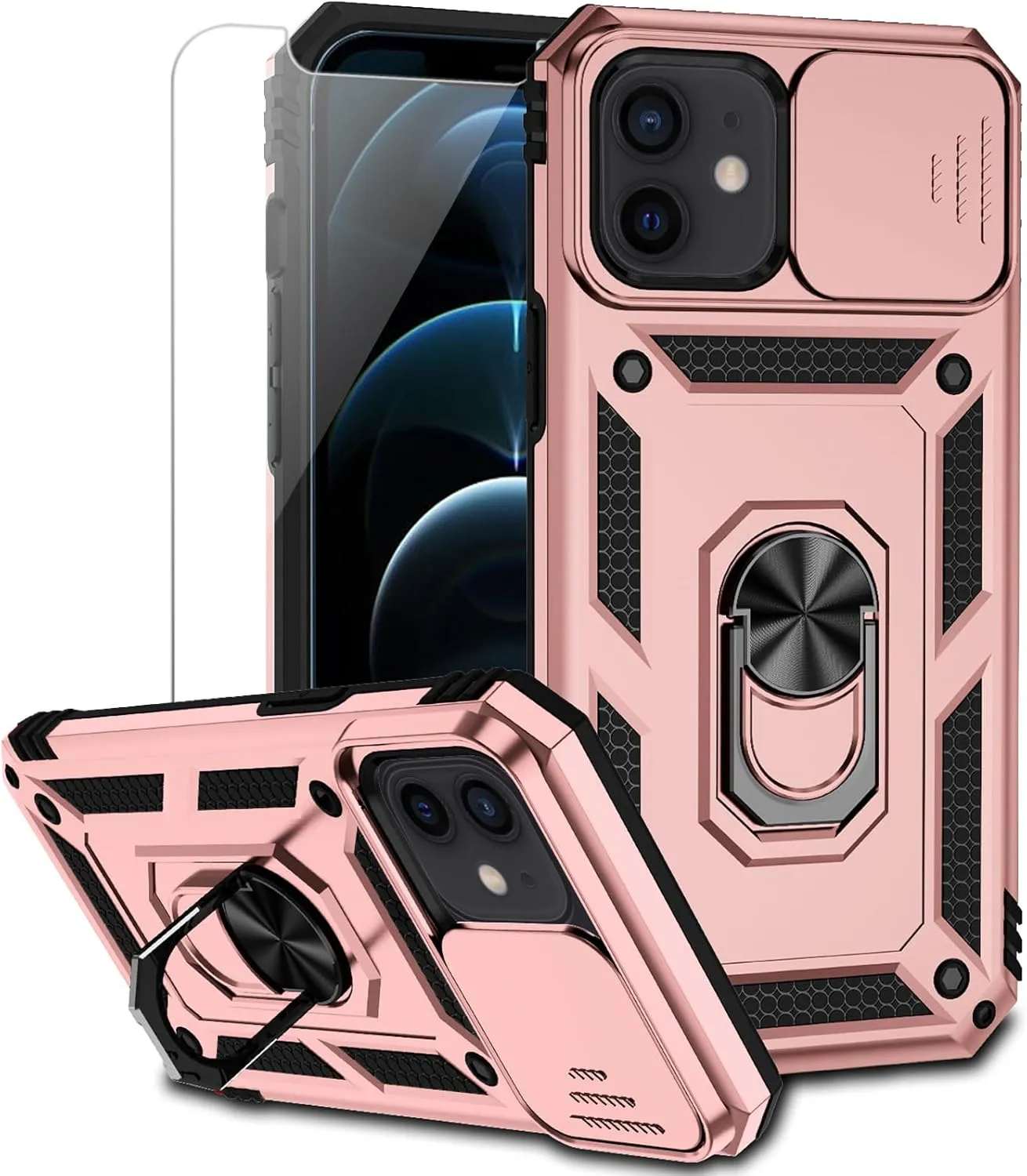 for iPhone 12 Mini Case with Camera Lens Cover Screen Protector, Dual Layer Military Grade Drop Protection Magnetic Ring Holder Kickstand Protective Phone Case for iPhone 12 Mini 5.4 inch (Rose Gold)