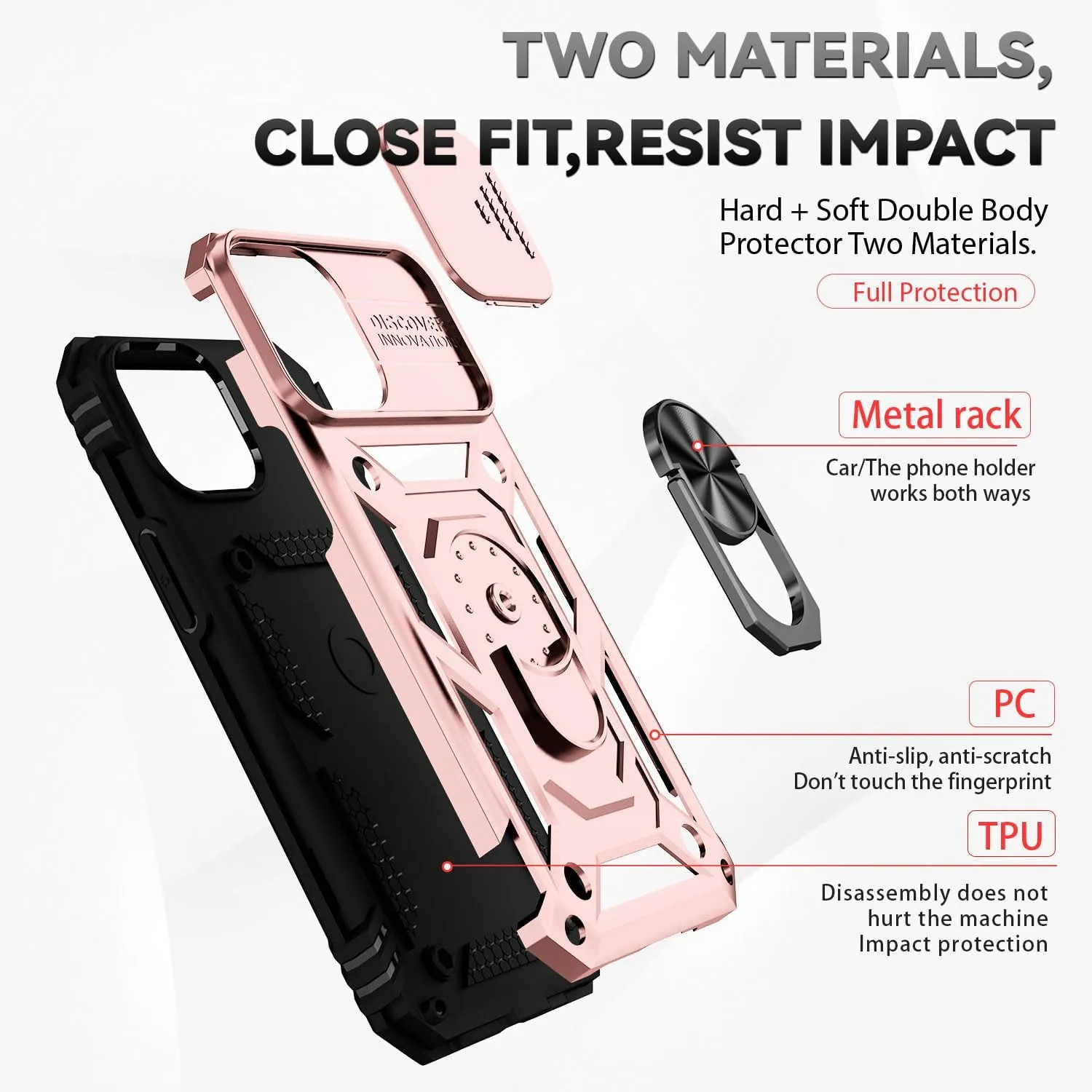 for iPhone 12 Mini Case with Camera Lens Cover Screen Protector, Dual Layer Military Grade Drop Protection Magnetic Ring Holder Kickstand Protective Phone Case for iPhone 12 Mini 5.4 inch (Rose Gold)