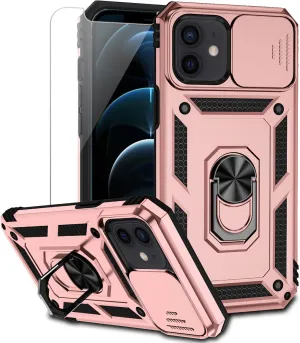 for iPhone 12 Mini Case with Camera Lens Cover Screen Protector, Dual Layer Military Grade Drop Protection Magnetic Ring Holder Kickstand Protective Phone Case for iPhone 12 Mini 5.4 inch (Rose Gold)