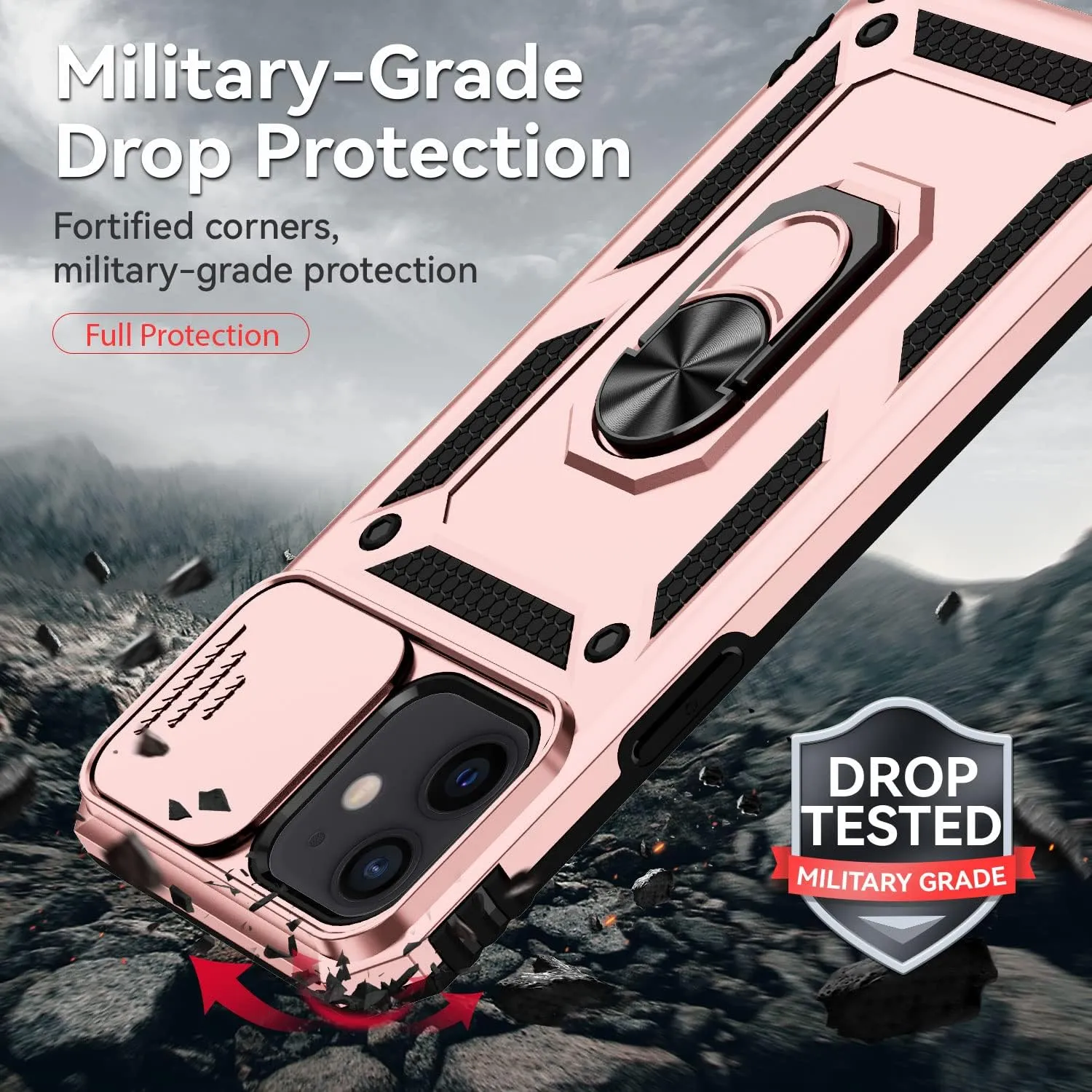 for iPhone 12 Mini Case with Camera Lens Cover Screen Protector, Dual Layer Military Grade Drop Protection Magnetic Ring Holder Kickstand Protective Phone Case for iPhone 12 Mini 5.4 inch (Rose Gold)