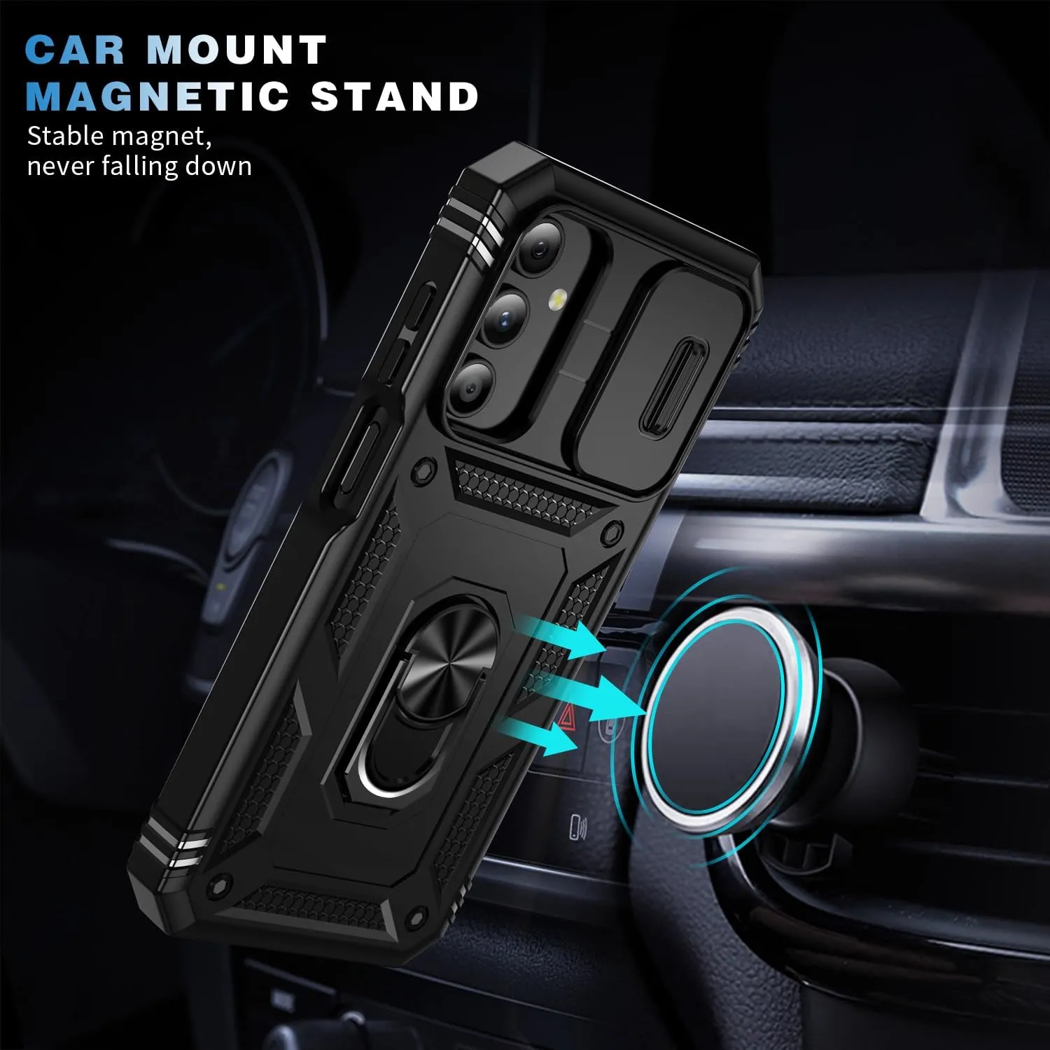 for Samsung Galaxy A15 5G Case Built in Camera Cover,[Military Grade] 16ft.Drop Tested Cover with Magnetic Kickstand Heavy Duty Protective Outdoor Cases for A15,Black