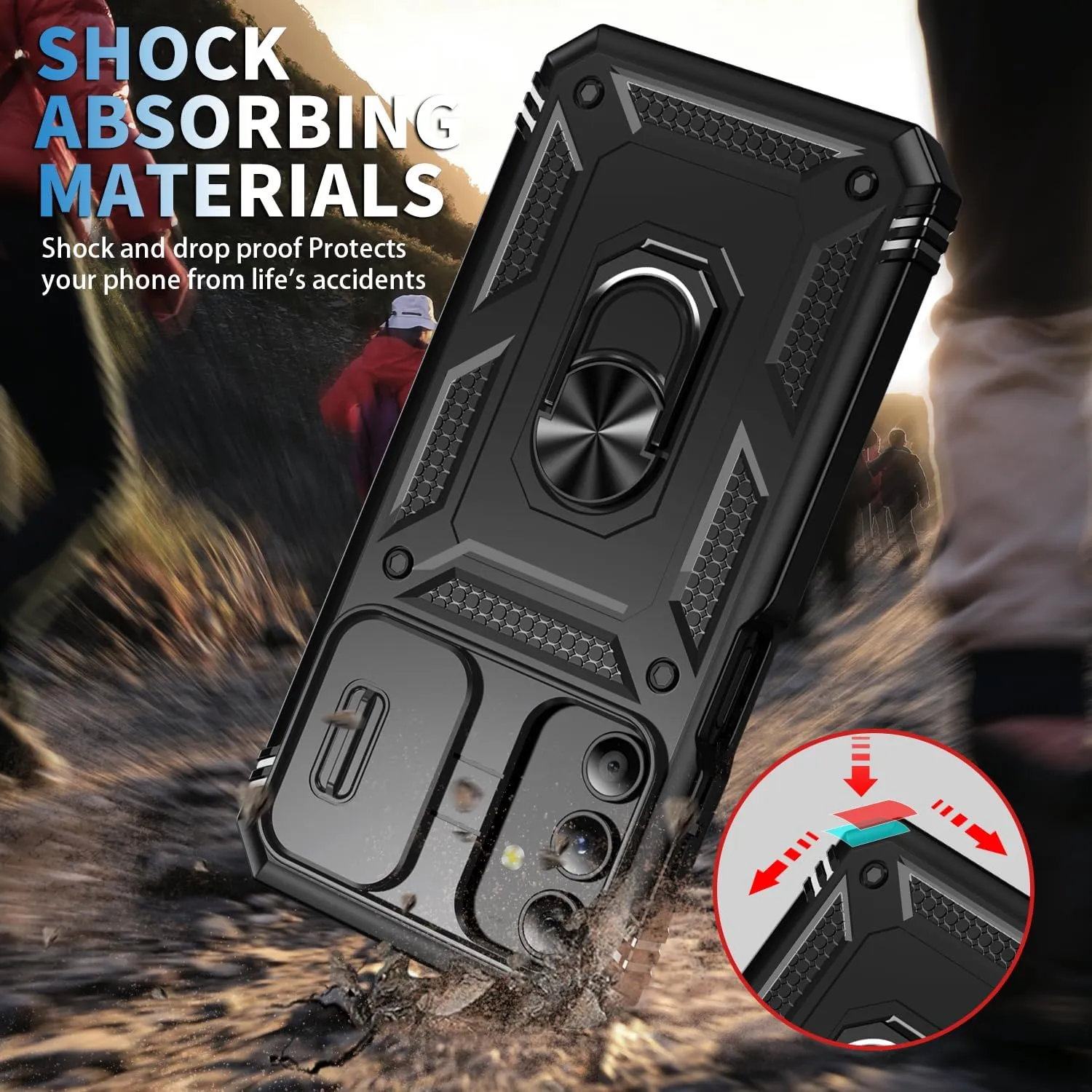 for Samsung Galaxy A15 5G Case Built in Camera Cover,[Military Grade] 16ft.Drop Tested Cover with Magnetic Kickstand Heavy Duty Protective Outdoor Cases for A15,Black