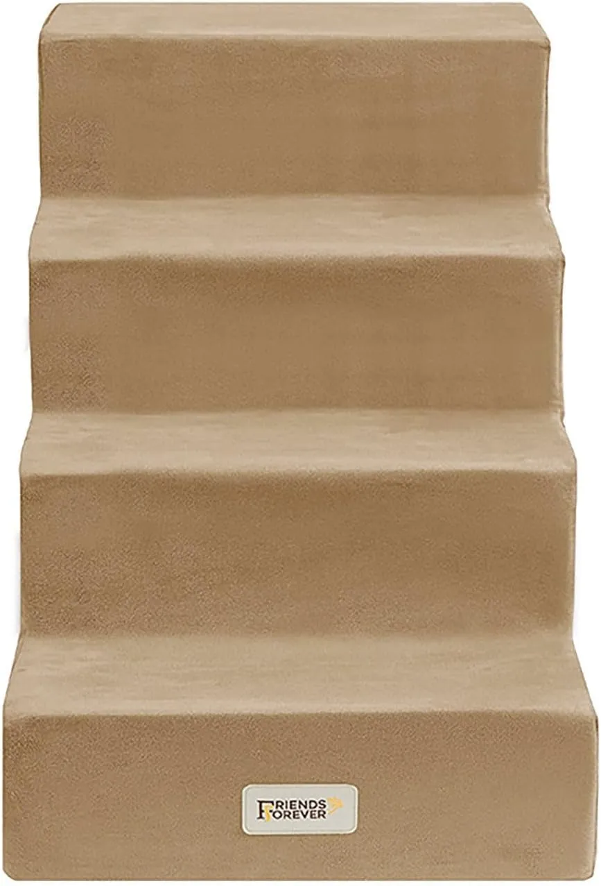 Friends Forever Milo Folding Dog Stairs for Indoor, Premium Foam Pet Steps, Safe, Comfortable Ladder, Helpful Ramp for Smaller and Older Pets, Machine Washable Removable Cover, 4 steps, Khaki