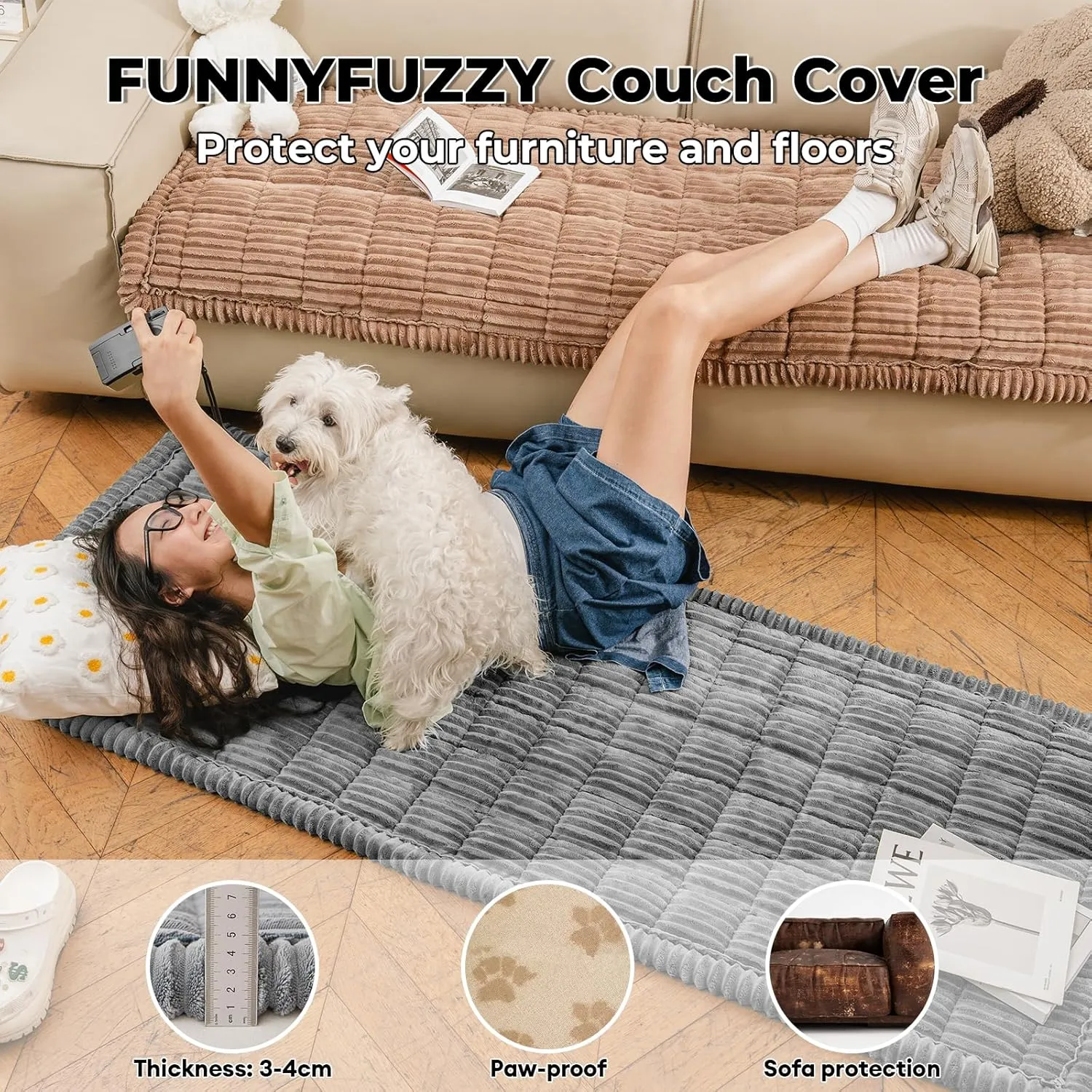 FUNNY FUZZY Pet Couch Covers for Sofa, Washable Dog Couch Cover Protector for Dogs, Flannel Couch Covers for Dogs Pet Friendly Pet Mat Bed Sofa Cover (Grey, 27.6"59.1")