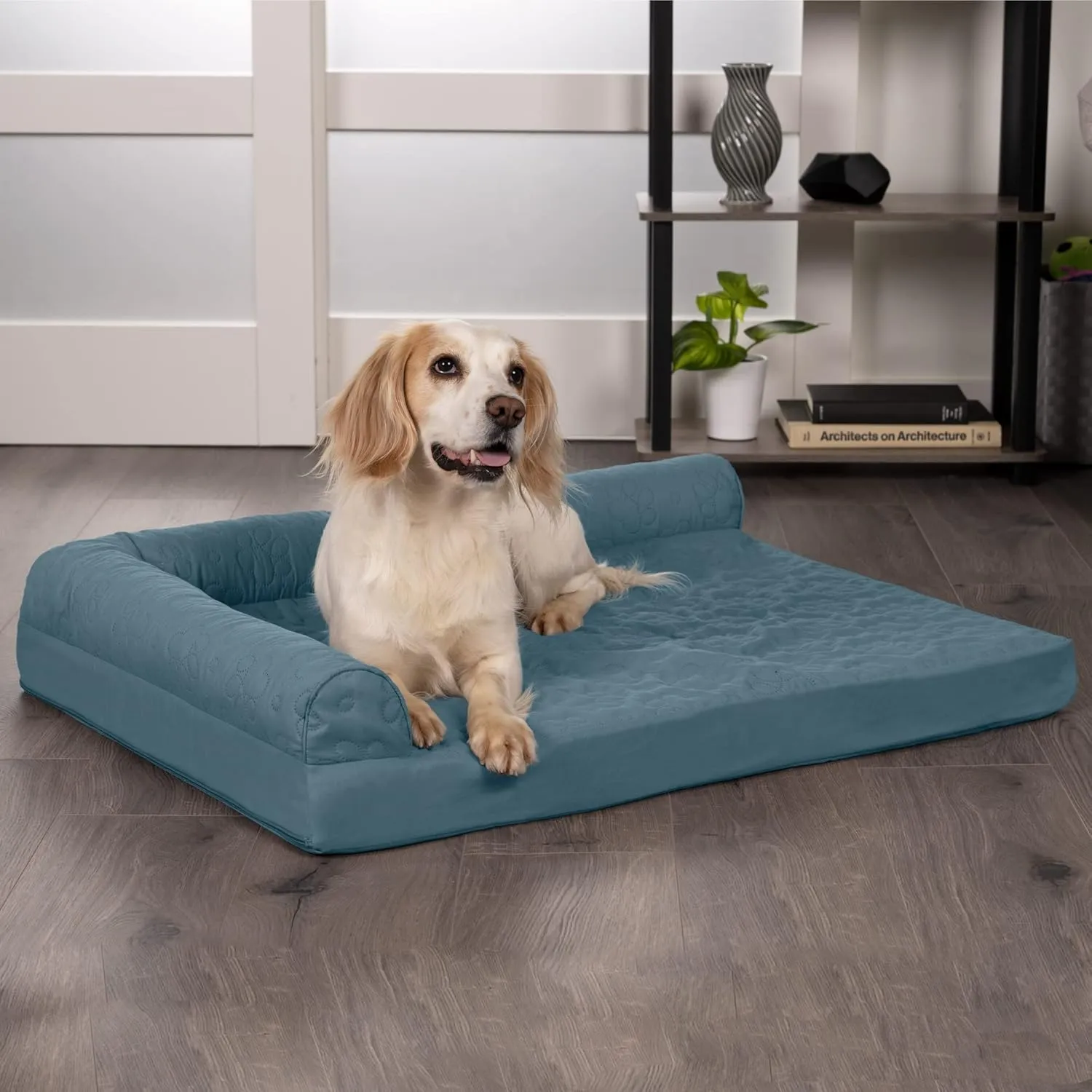 Furhaven Memory Foam Dog Bed for Large/Medium Dogs w/ Removable Bolsters & Washable Cover, For Dogs Up to 55 lbs - Pinsonic Quilted Paw L Shaped Chaise - Bluestone, Large