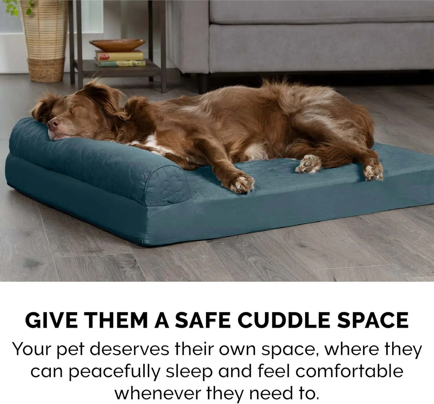 Furhaven Memory Foam Dog Bed for Large/Medium Dogs w/ Removable Bolsters & Washable Cover, For Dogs Up to 55 lbs - Pinsonic Quilted Paw L Shaped Chaise - Bluestone, Large