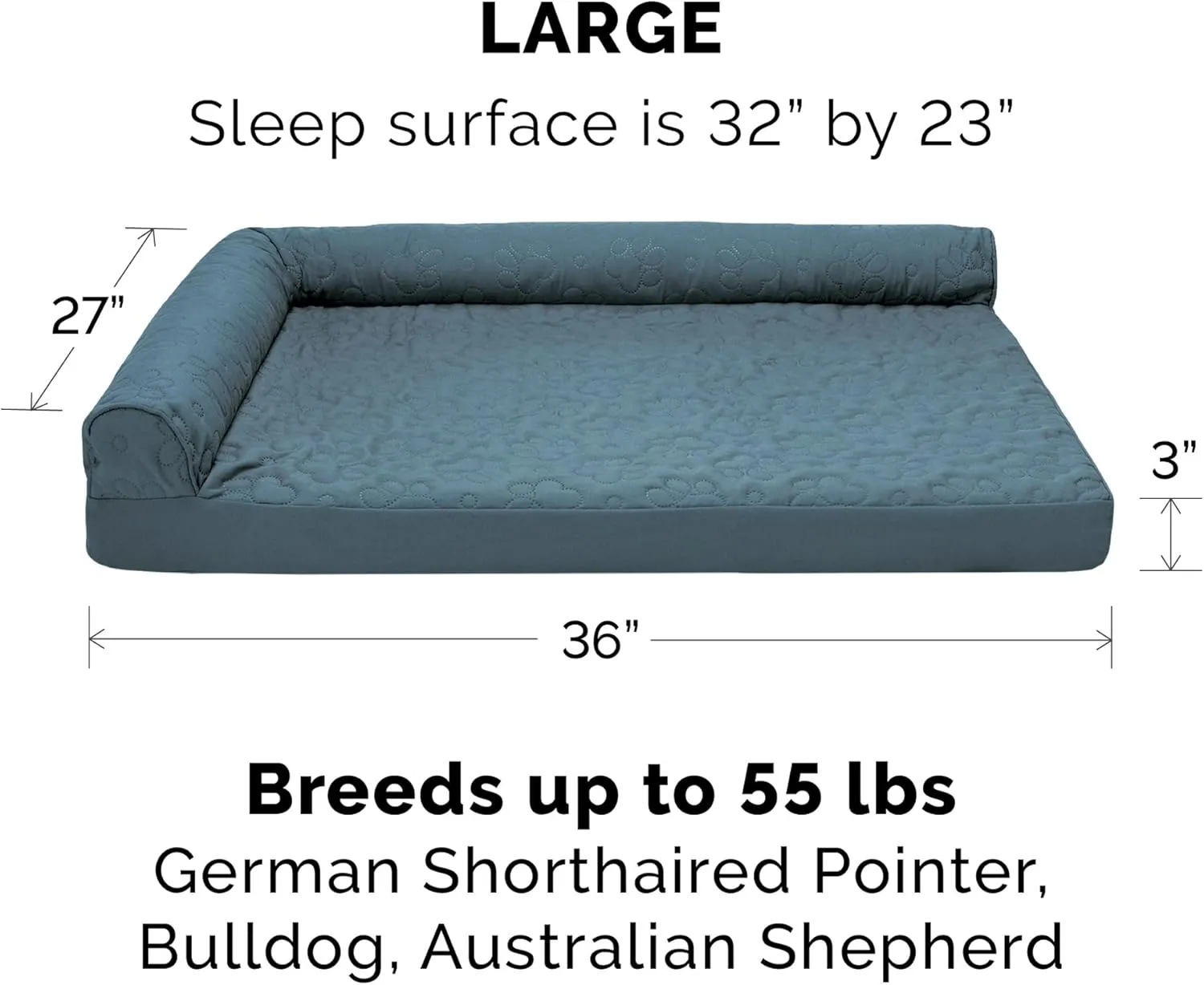 Furhaven Memory Foam Dog Bed for Large/Medium Dogs w/ Removable Bolsters & Washable Cover, For Dogs Up to 55 lbs - Pinsonic Quilted Paw L Shaped Chaise - Bluestone, Large