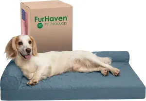 Furhaven Memory Foam Dog Bed for Large/Medium Dogs w/ Removable Bolsters & Washable Cover, For Dogs Up to 55 lbs - Pinsonic Quilted Paw L Shaped Chaise - Bluestone, Large