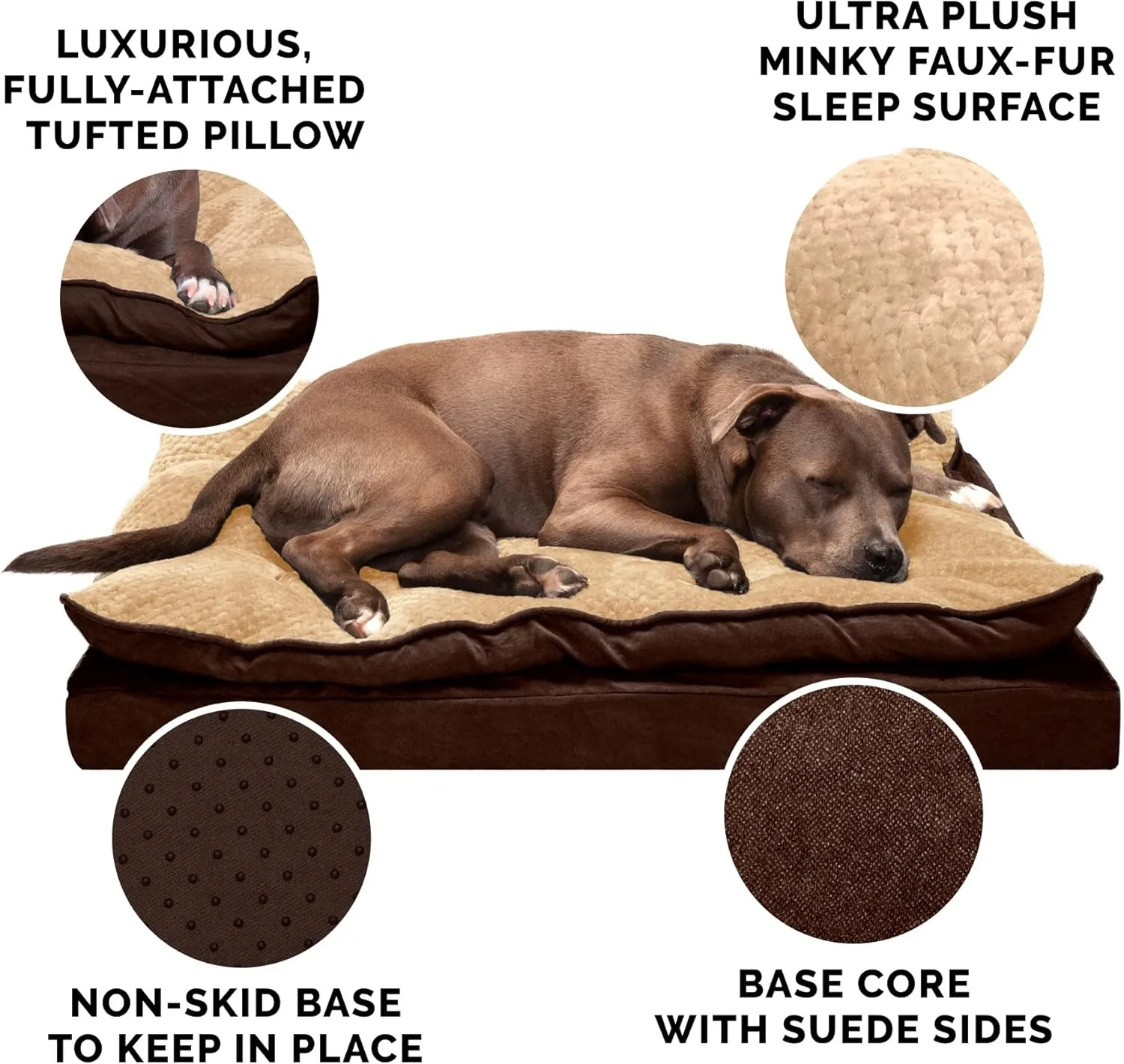 Furhaven Orthopedic Dog Bed for Large Dogs w/ Pillow Cushion Top & Removable Washable Cover, For Dogs Up to 95 lbs - Minky Plush & Suede Pillow Top Mattress - French Roast, Jumbo/XL
