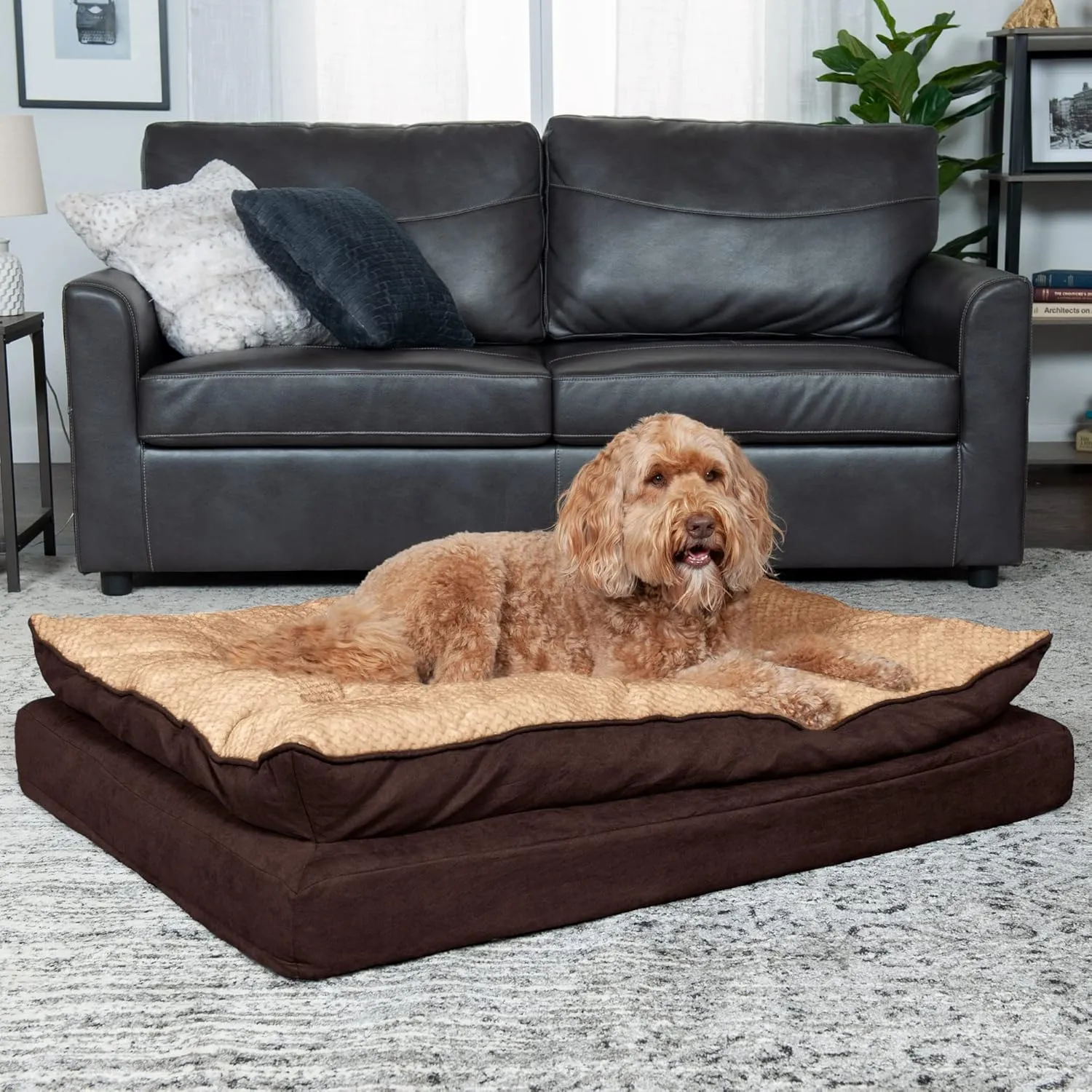 Furhaven Orthopedic Dog Bed for Large Dogs w/ Pillow Cushion Top & Removable Washable Cover, For Dogs Up to 95 lbs - Minky Plush & Suede Pillow Top Mattress - French Roast, Jumbo/XL