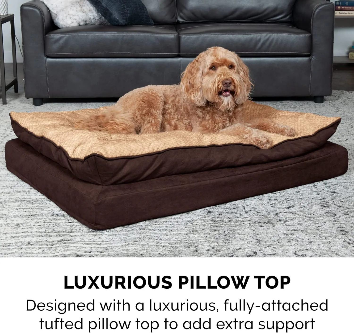 Furhaven Orthopedic Dog Bed for Large Dogs w/ Pillow Cushion Top & Removable Washable Cover, For Dogs Up to 95 lbs - Minky Plush & Suede Pillow Top Mattress - French Roast, Jumbo/XL
