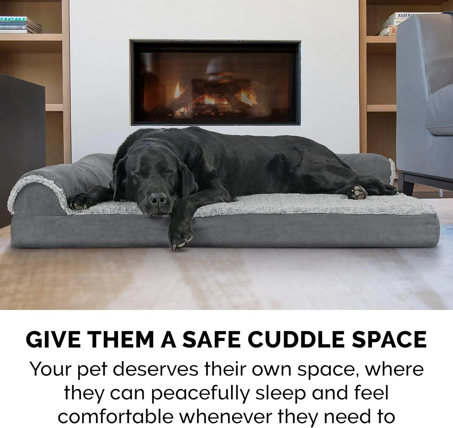 Furhaven Orthopedic Dog Bed for Medium/Small Dogs w/ Removable Bolsters & Washable Cover, For Dogs Up to 35 lbs - Two-Tone Plush Faux Fur & Suede L Shaped Chaise - Stone Gray, Medium