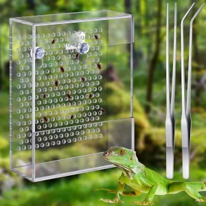 Geyoga Bearded Dragon Feeder with Suction Cups and 2 Tweezers Chameleon Bug Bowl Bug Feeder for Bearded Dragon Acrylic Reptile Feeding Box Tank and Aquarium Accessories for Lizard Gecko Frog(Clear)